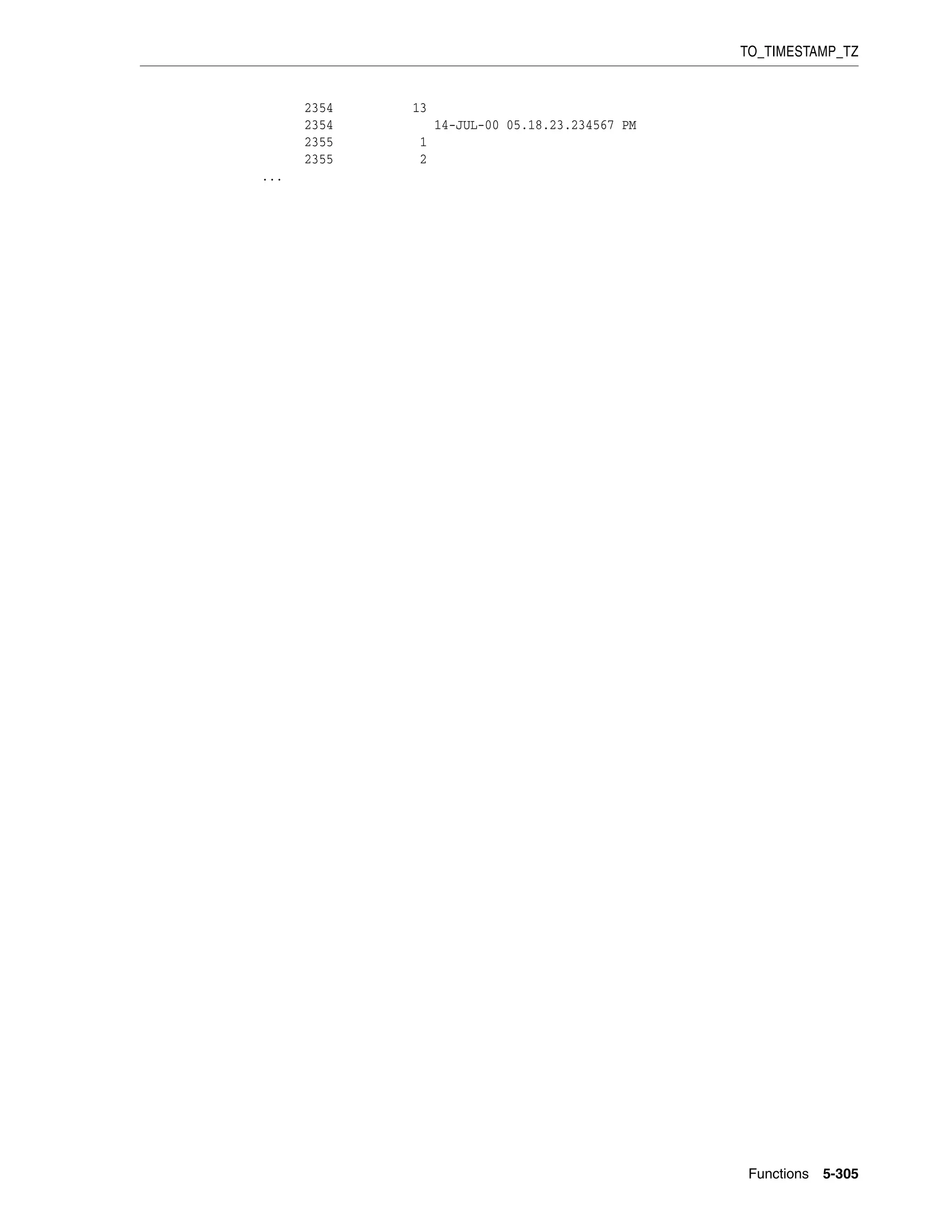 TO_TIMESTAMP_TZ
Functions 5-305
2354 13
2354 14-JUL-00 05.18.23.234567 PM
2355 1
2355 2
...
 