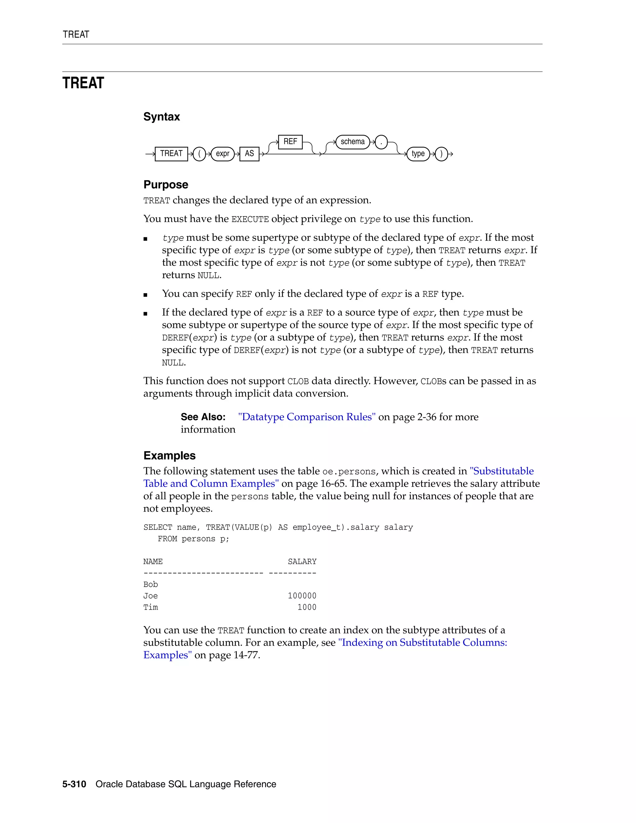 TREAT
5-310 Oracle Database SQL Language Reference
TREAT
Syntax
Purpose
TREAT changes the declared type of an expression.
You must have the EXECUTE object privilege on type to use this function.
■ type must be some supertype or subtype of the declared type of expr. If the most
specific type of expr is type (or some subtype of type), then TREAT returns expr. If
the most specific type of expr is not type (or some subtype of type), then TREAT
returns NULL.
■ You can specify REF only if the declared type of expr is a REF type.
■ If the declared type of expr is a REF to a source type of expr, then type must be
some subtype or supertype of the source type of expr. If the most specific type of
DEREF(expr) is type (or a subtype of type), then TREAT returns expr. If the most
specific type of DEREF(expr) is not type (or a subtype of type), then TREAT returns
NULL.
This function does not support CLOB data directly. However, CLOBs can be passed in as
arguments through implicit data conversion.
Examples
The following statement uses the table oe.persons, which is created in "Substitutable
Table and Column Examples" on page 16-65. The example retrieves the salary attribute
of all people in the persons table, the value being null for instances of people that are
not employees.
SELECT name, TREAT(VALUE(p) AS employee_t).salary salary
FROM persons p;
NAME SALARY
------------------------- ----------
Bob
Joe 100000
Tim 1000
You can use the TREAT function to create an index on the subtype attributes of a
substitutable column. For an example, see "Indexing on Substitutable Columns:
Examples" on page 14-77.
See Also: "Datatype Comparison Rules" on page 2-36 for more
information
TREAT ( expr AS
REF schema .
type )
 