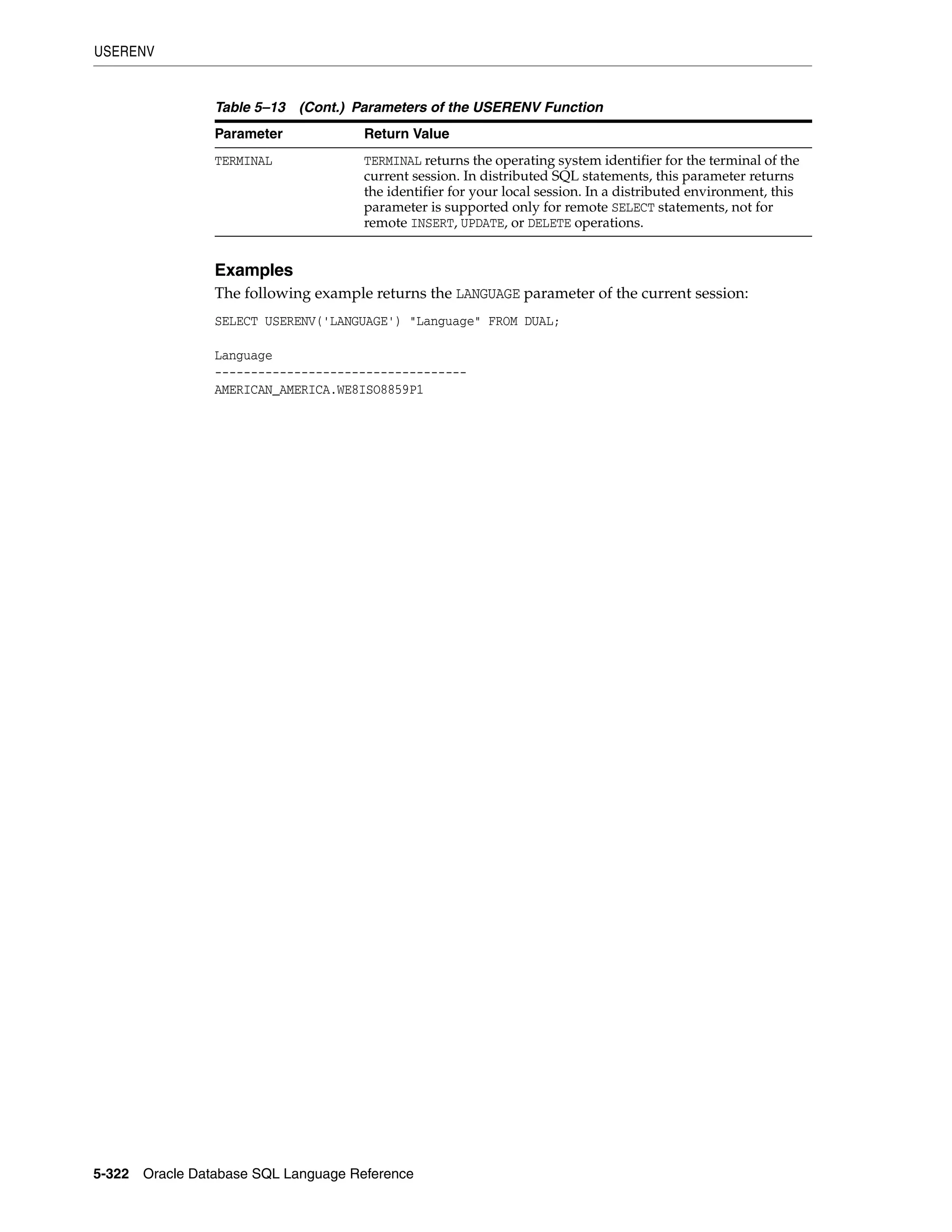 USERENV
5-322 Oracle Database SQL Language Reference
Examples
The following example returns the LANGUAGE parameter of the current session:
SELECT USERENV('LANGUAGE') "Language" FROM DUAL;
Language
-----------------------------------
AMERICAN_AMERICA.WE8ISO8859P1
TERMINAL TERMINAL returns the operating system identifier for the terminal of the
current session. In distributed SQL statements, this parameter returns
the identifier for your local session. In a distributed environment, this
parameter is supported only for remote SELECT statements, not for
remote INSERT, UPDATE, or DELETE operations.
Table 5–13 (Cont.) Parameters of the USERENV Function
Parameter Return Value
 