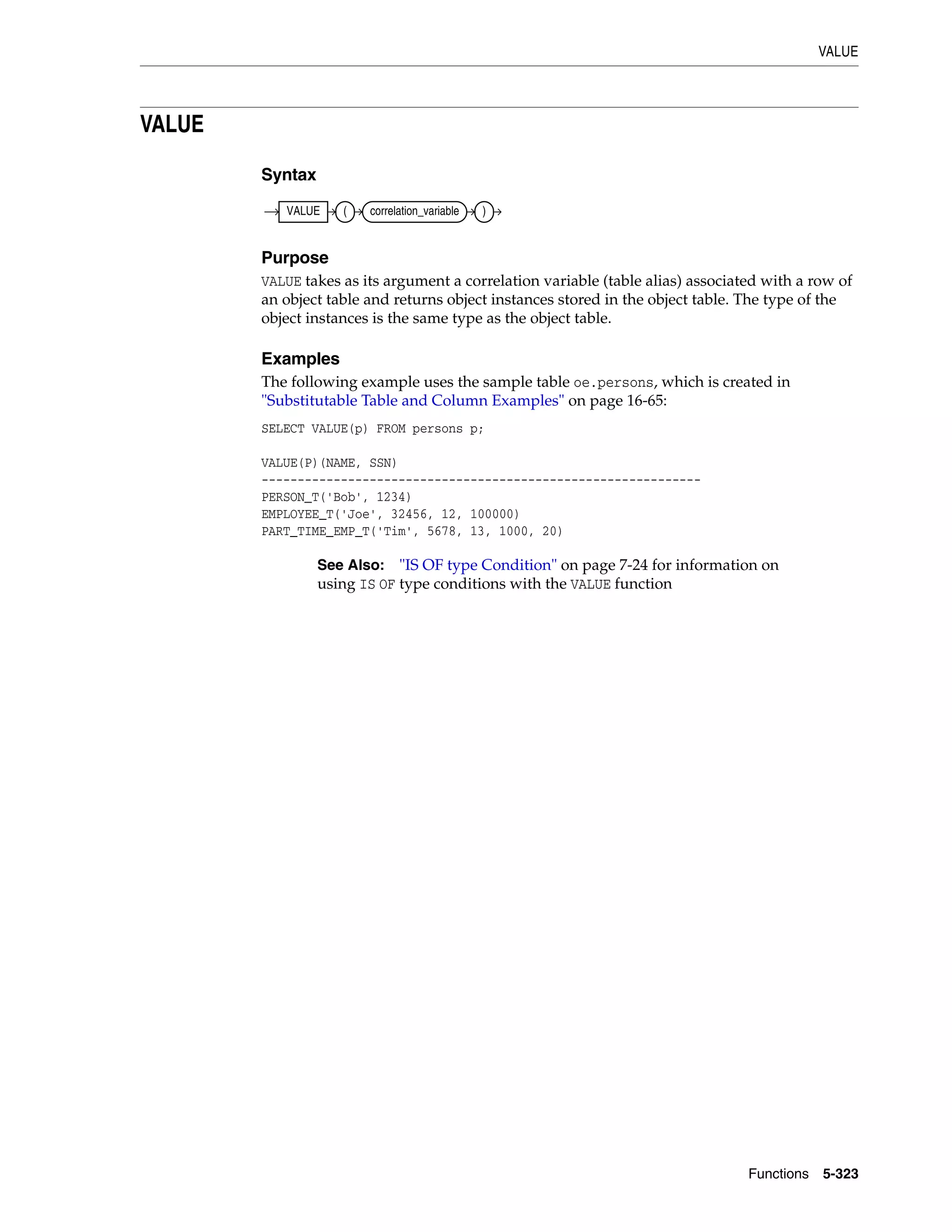 VALUE
Functions 5-323
VALUE
Syntax
Purpose
VALUE takes as its argument a correlation variable (table alias) associated with a row of
an object table and returns object instances stored in the object table. The type of the
object instances is the same type as the object table.
Examples
The following example uses the sample table oe.persons, which is created in
"Substitutable Table and Column Examples" on page 16-65:
SELECT VALUE(p) FROM persons p;
VALUE(P)(NAME, SSN)
-------------------------------------------------------------
PERSON_T('Bob', 1234)
EMPLOYEE_T('Joe', 32456, 12, 100000)
PART_TIME_EMP_T('Tim', 5678, 13, 1000, 20)
See Also: "IS OF type Condition" on page 7-24 for information on
using IS OF type conditions with the VALUE function
VALUE ( correlation_variable )
 