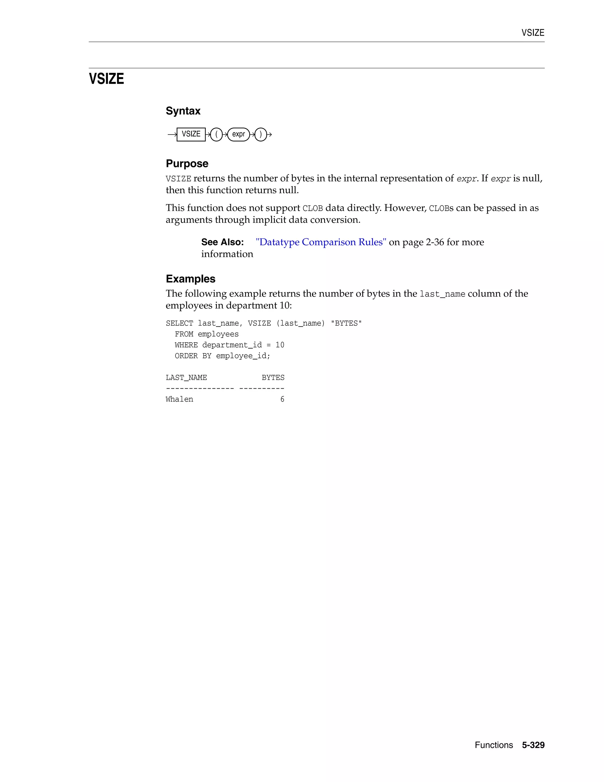 VSIZE
Functions 5-329
VSIZE
Syntax
Purpose
VSIZE returns the number of bytes in the internal representation of expr. If expr is null,
then this function returns null.
This function does not support CLOB data directly. However, CLOBs can be passed in as
arguments through implicit data conversion.
Examples
The following example returns the number of bytes in the last_name column of the
employees in department 10:
SELECT last_name, VSIZE (last_name) "BYTES"
FROM employees
WHERE department_id = 10
ORDER BY employee_id;
LAST_NAME BYTES
--------------- ----------
Whalen 6
See Also: "Datatype Comparison Rules" on page 2-36 for more
information
VSIZE ( expr )
 