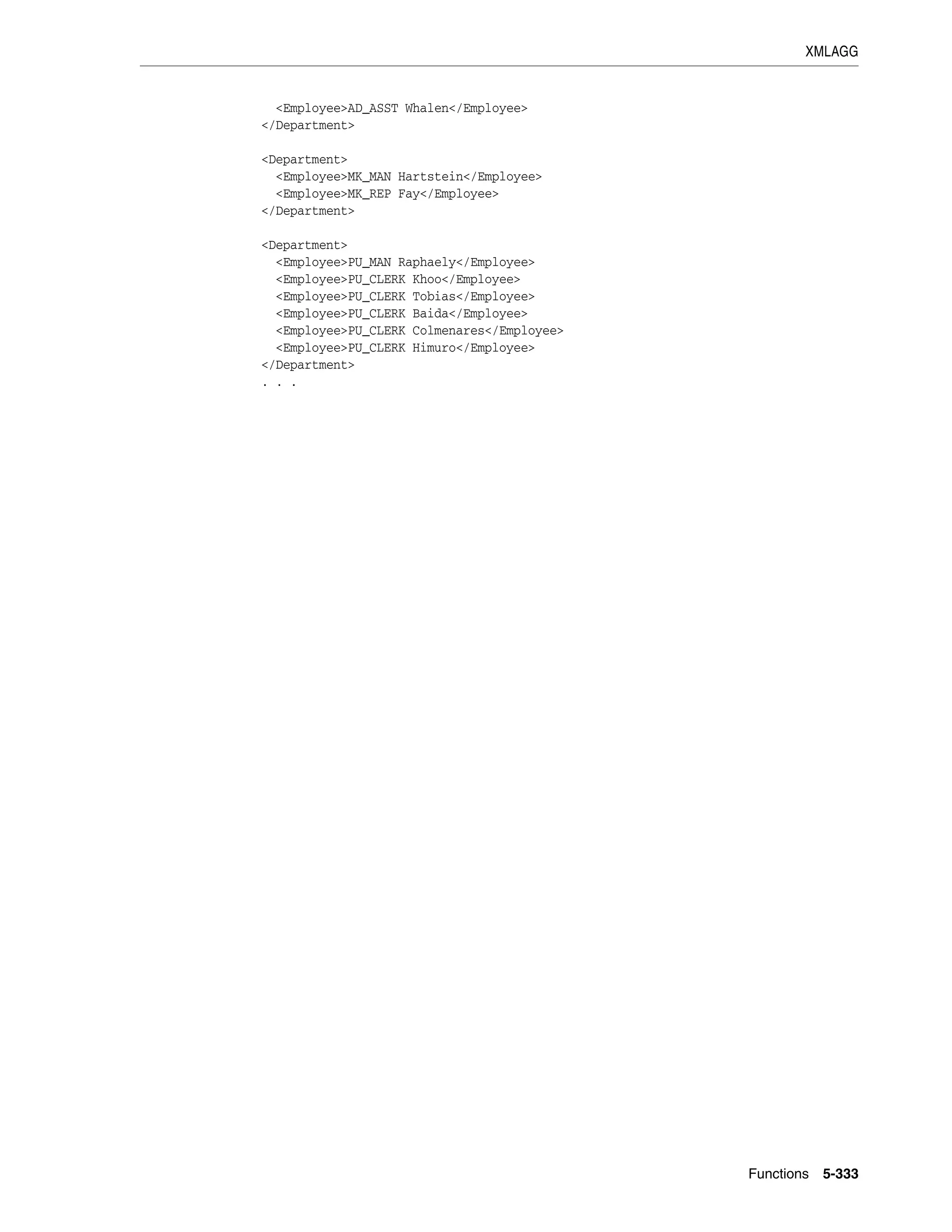XMLAGG
Functions 5-333
<Employee>AD_ASST Whalen</Employee>
</Department>
<Department>
<Employee>MK_MAN Hartstein</Employee>
<Employee>MK_REP Fay</Employee>
</Department>
<Department>
<Employee>PU_MAN Raphaely</Employee>
<Employee>PU_CLERK Khoo</Employee>
<Employee>PU_CLERK Tobias</Employee>
<Employee>PU_CLERK Baida</Employee>
<Employee>PU_CLERK Colmenares</Employee>
<Employee>PU_CLERK Himuro</Employee>
</Department>
. . .
 