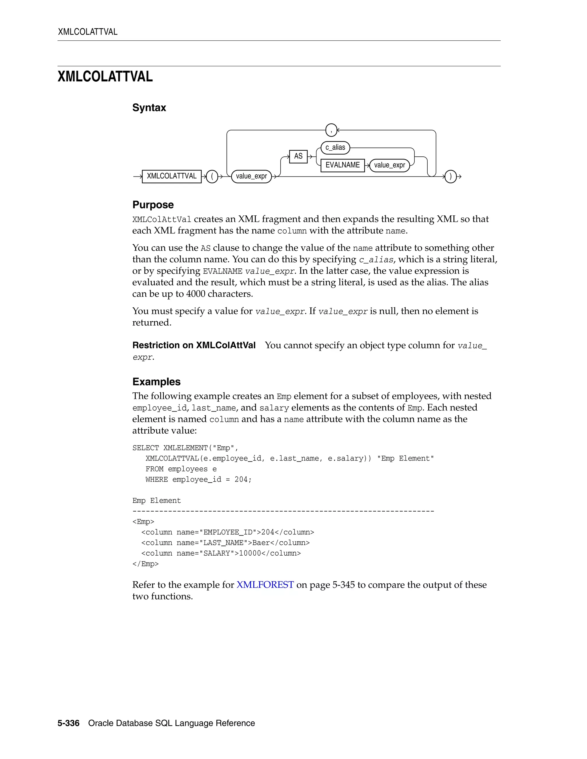 XMLCOLATTVAL
5-336 Oracle Database SQL Language Reference
XMLCOLATTVAL
Syntax
Purpose
XMLColAttVal creates an XML fragment and then expands the resulting XML so that
each XML fragment has the name column with the attribute name.
You can use the AS clause to change the value of the name attribute to something other
than the column name. You can do this by specifying c_alias, which is a string literal,
or by specifying EVALNAME value_expr. In the latter case, the value expression is
evaluated and the result, which must be a string literal, is used as the alias. The alias
can be up to 4000 characters.
You must specify a value for value_expr. If value_expr is null, then no element is
returned.
Restriction on XMLColAttVal You cannot specify an object type column for value_
expr.
Examples
The following example creates an Emp element for a subset of employees, with nested
employee_id, last_name, and salary elements as the contents of Emp. Each nested
element is named column and has a name attribute with the column name as the
attribute value:
SELECT XMLELEMENT("Emp",
XMLCOLATTVAL(e.employee_id, e.last_name, e.salary)) "Emp Element"
FROM employees e
WHERE employee_id = 204;
Emp Element
--------------------------------------------------------------------
<Emp>
<column name="EMPLOYEE_ID">204</column>
<column name="LAST_NAME">Baer</column>
<column name="SALARY">10000</column>
</Emp>
Refer to the example for XMLFOREST on page 5-345 to compare the output of these
two functions.
XMLCOLATTVAL ( value_expr
AS
c_alias
EVALNAME value_expr
,
)
 