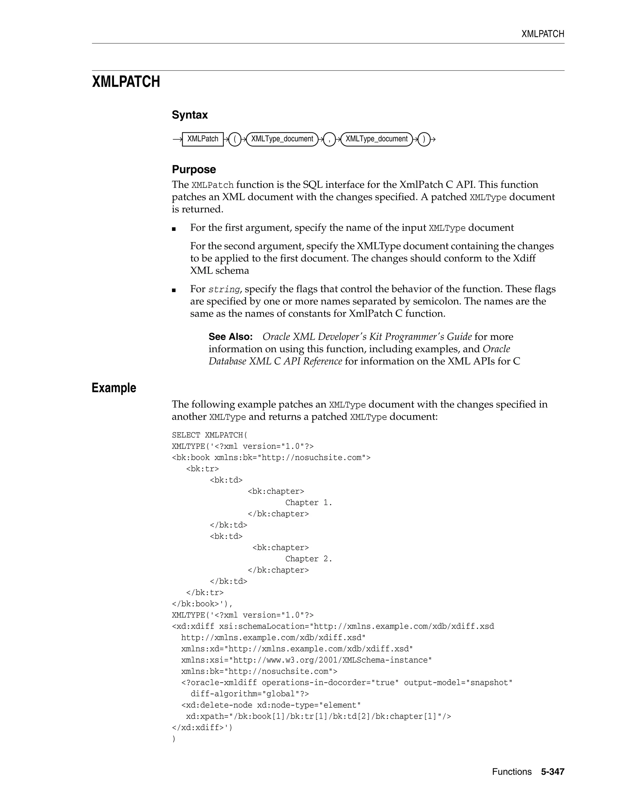 XMLPATCH
Functions 5-347
XMLPATCH
Syntax
Purpose
The XMLPatch function is the SQL interface for the XmlPatch C API. This function
patches an XML document with the changes specified. A patched XMLType document
is returned.
■ For the first argument, specify the name of the input XMLType document
For the second argument, specify the XMLType document containing the changes
to be applied to the first document. The changes should conform to the Xdiff
XML schema
■ For string, specify the flags that control the behavior of the function. These flags
are specified by one or more names separated by semicolon. The names are the
same as the names of constants for XmlPatch C function.
5Example
The following example patches an XMLType document with the changes specified in
another XMLType and returns a patched XMLType document:
SELECT XMLPATCH(
XMLTYPE('<?xml version="1.0"?>
<bk:book xmlns:bk="http://nosuchsite.com">
<bk:tr>
<bk:td>
<bk:chapter>
Chapter 1.
</bk:chapter>
</bk:td>
<bk:td>
<bk:chapter>
Chapter 2.
</bk:chapter>
</bk:td>
</bk:tr>
</bk:book>'),
XMLTYPE('<?xml version="1.0"?>
<xd:xdiff xsi:schemaLocation="http://xmlns.example.com/xdb/xdiff.xsd
http://xmlns.example.com/xdb/xdiff.xsd"
xmlns:xd="http://xmlns.example.com/xdb/xdiff.xsd"
xmlns:xsi="http://www.w3.org/2001/XMLSchema-instance"
xmlns:bk="http://nosuchsite.com">
<?oracle-xmldiff operations-in-docorder="true" output-model="snapshot"
diff-algorithm="global"?>
<xd:delete-node xd:node-type="element"
xd:xpath="/bk:book[1]/bk:tr[1]/bk:td[2]/bk:chapter[1]"/>
</xd:xdiff>')
)
See Also: Oracle XML Developer's Kit Programmer's Guide for more
information on using this function, including examples, and Oracle
Database XML C API Reference for information on the XML APIs for C
XMLPatch ( XMLType_document , XMLType_document )
 