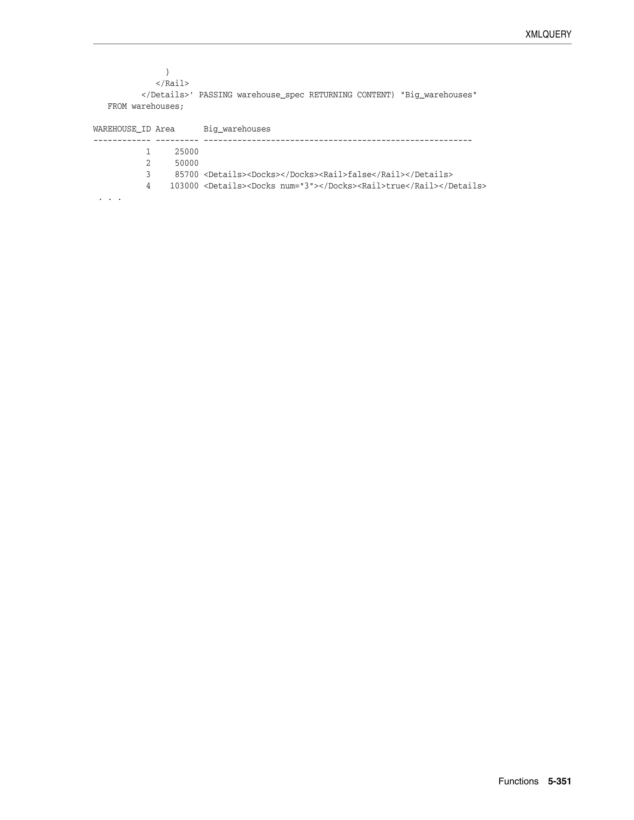 XMLQUERY
Functions 5-351
}
</Rail>
</Details>' PASSING warehouse_spec RETURNING CONTENT) "Big_warehouses"
FROM warehouses;
WAREHOUSE_ID Area Big_warehouses
------------ --------- --------------------------------------------------------
1 25000
2 50000
3 85700 <Details><Docks></Docks><Rail>false</Rail></Details>
4 103000 <Details><Docks num="3"></Docks><Rail>true</Rail></Details>
. . .
 