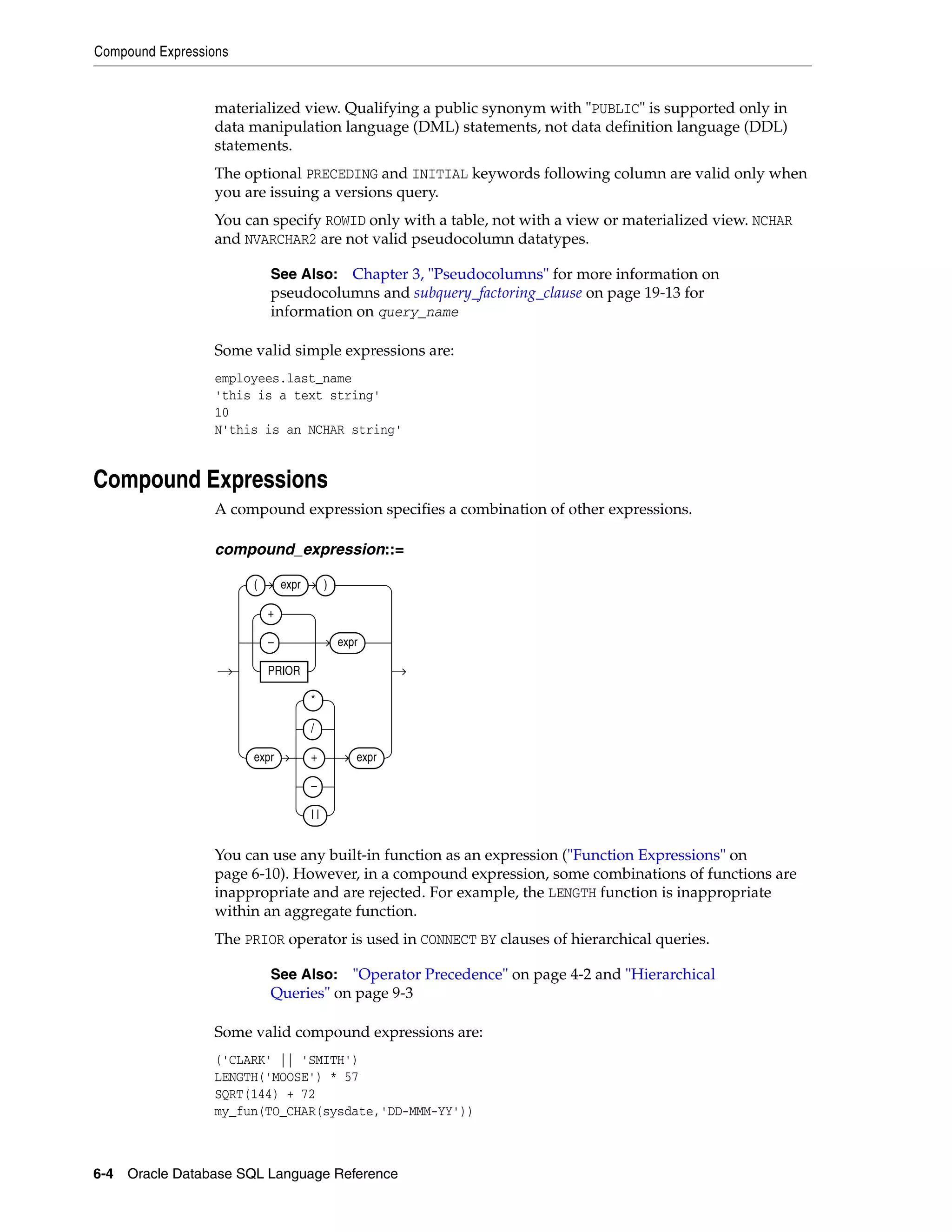 Compound Expressions
6-4 Oracle Database SQL Language Reference
materialized view. Qualifying a public synonym with "PUBLIC" is supported only in
data manipulation language (DML) statements, not data definition language (DDL)
statements.
The optional PRECEDING and INITIAL keywords following column are valid only when
you are issuing a versions query.
You can specify ROWID only with a table, not with a view or materialized view. NCHAR
and NVARCHAR2 are not valid pseudocolumn datatypes.
Some valid simple expressions are:
employees.last_name
'this is a text string'
10
N'this is an NCHAR string'
Compound Expressions
A compound expression specifies a combination of other expressions.
compound_expression::=
You can use any built-in function as an expression ("Function Expressions" on
page 6-10). However, in a compound expression, some combinations of functions are
inappropriate and are rejected. For example, the LENGTH function is inappropriate
within an aggregate function.
The PRIOR operator is used in CONNECT BY clauses of hierarchical queries.
Some valid compound expressions are:
('CLARK' || 'SMITH')
LENGTH('MOOSE') * 57
SQRT(144) + 72
my_fun(TO_CHAR(sysdate,'DD-MMM-YY'))
See Also: Chapter 3, "Pseudocolumns" for more information on
pseudocolumns and subquery_factoring_clause on page 19-13 for
information on query_name
See Also: "Operator Precedence" on page 4-2 and "Hierarchical
Queries" on page 9-3
( expr )
+
–
PRIOR
expr
expr
*
/
+
–
| |
expr
 