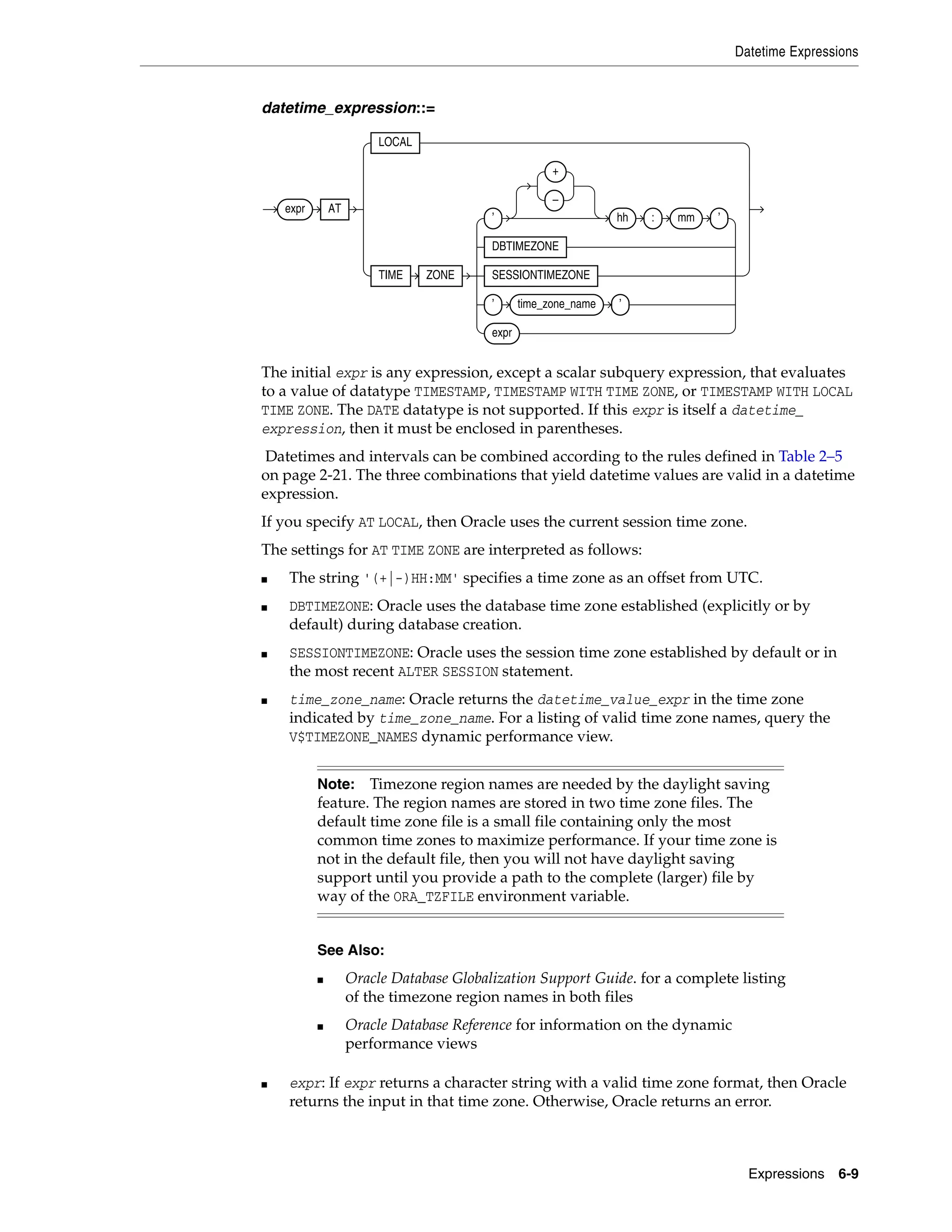 Datetime Expressions
Expressions 6-9
datetime_expression::=
The initial expr is any expression, except a scalar subquery expression, that evaluates
to a value of datatype TIMESTAMP, TIMESTAMP WITH TIME ZONE, or TIMESTAMP WITH LOCAL
TIME ZONE. The DATE datatype is not supported. If this expr is itself a datetime_
expression, then it must be enclosed in parentheses.
Datetimes and intervals can be combined according to the rules defined in Table 2–5
on page 2-21. The three combinations that yield datetime values are valid in a datetime
expression.
If you specify AT LOCAL, then Oracle uses the current session time zone.
The settings for AT TIME ZONE are interpreted as follows:
■ The string '(+|-)HH:MM' specifies a time zone as an offset from UTC.
■ DBTIMEZONE: Oracle uses the database time zone established (explicitly or by
default) during database creation.
■ SESSIONTIMEZONE: Oracle uses the session time zone established by default or in
the most recent ALTER SESSION statement.
■ time_zone_name: Oracle returns the datetime_value_expr in the time zone
indicated by time_zone_name. For a listing of valid time zone names, query the
V$TIMEZONE_NAMES dynamic performance view.
■ expr: If expr returns a character string with a valid time zone format, then Oracle
returns the input in that time zone. Otherwise, Oracle returns an error.
Note: Timezone region names are needed by the daylight saving
feature. The region names are stored in two time zone files. The
default time zone file is a small file containing only the most
common time zones to maximize performance. If your time zone is
not in the default file, then you will not have daylight saving
support until you provide a path to the complete (larger) file by
way of the ORA_TZFILE environment variable.
See Also:
■ Oracle Database Globalization Support Guide. for a complete listing
of the timezone region names in both files
■ Oracle Database Reference for information on the dynamic
performance views
expr AT
LOCAL
TIME ZONE
’
+
–
hh : mm ’
DBTIMEZONE
SESSIONTIMEZONE
’ time_zone_name ’
expr
 