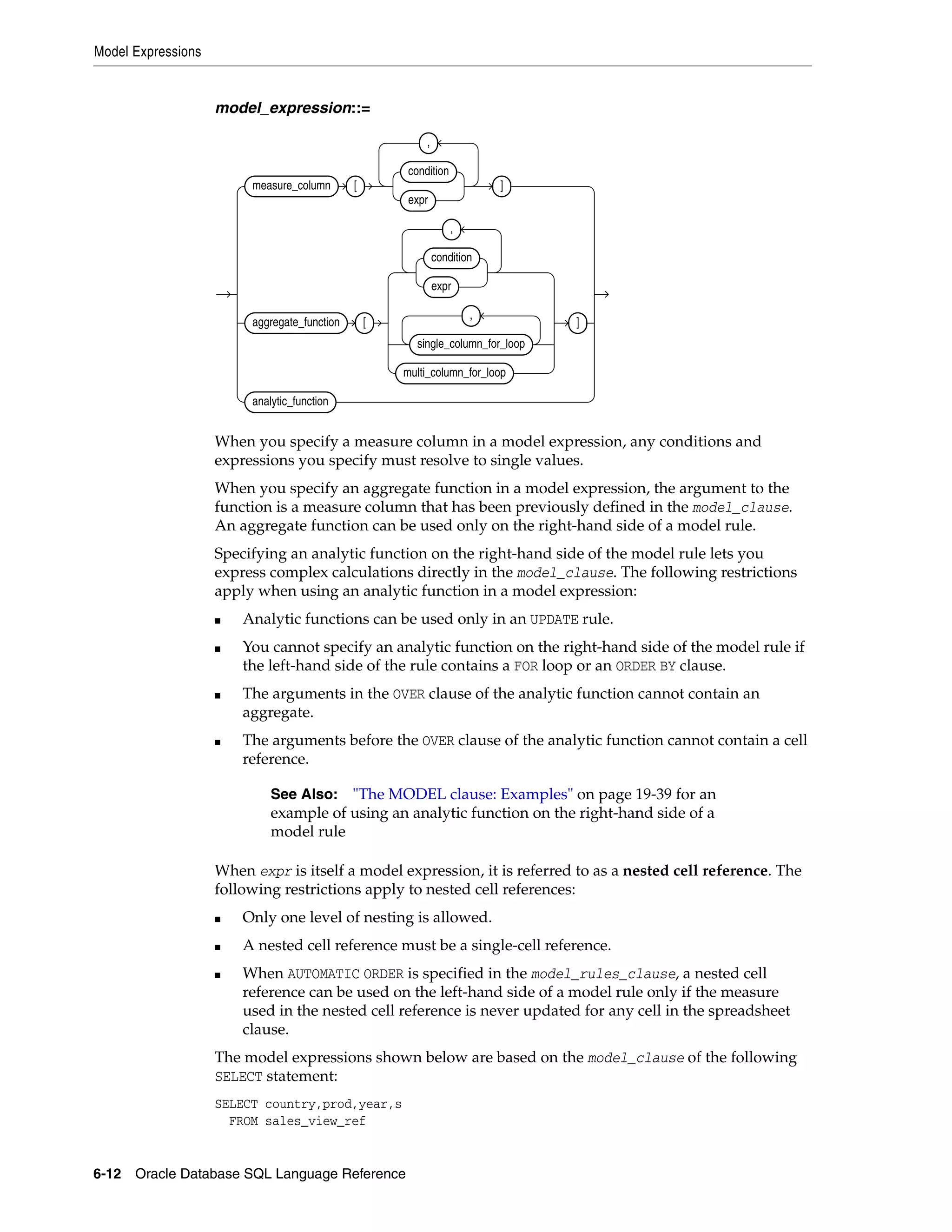 Model Expressions
6-12 Oracle Database SQL Language Reference
model_expression::=
When you specify a measure column in a model expression, any conditions and
expressions you specify must resolve to single values.
When you specify an aggregate function in a model expression, the argument to the
function is a measure column that has been previously defined in the model_clause.
An aggregate function can be used only on the right-hand side of a model rule.
Specifying an analytic function on the right-hand side of the model rule lets you
express complex calculations directly in the model_clause. The following restrictions
apply when using an analytic function in a model expression:
■ Analytic functions can be used only in an UPDATE rule.
■ You cannot specify an analytic function on the right-hand side of the model rule if
the left-hand side of the rule contains a FOR loop or an ORDER BY clause.
■ The arguments in the OVER clause of the analytic function cannot contain an
aggregate.
■ The arguments before the OVER clause of the analytic function cannot contain a cell
reference.
When expr is itself a model expression, it is referred to as a nested cell reference. The
following restrictions apply to nested cell references:
■ Only one level of nesting is allowed.
■ A nested cell reference must be a single-cell reference.
■ When AUTOMATIC ORDER is specified in the model_rules_clause, a nested cell
reference can be used on the left-hand side of a model rule only if the measure
used in the nested cell reference is never updated for any cell in the spreadsheet
clause.
The model expressions shown below are based on the model_clause of the following
SELECT statement:
SELECT country,prod,year,s
FROM sales_view_ref
See Also: "The MODEL clause: Examples" on page 19-39 for an
example of using an analytic function on the right-hand side of a
model rule
measure_column [
condition
expr
,
]
aggregate_function [
condition
expr
,
single_column_for_loop
,
multi_column_for_loop
]
analytic_function
 