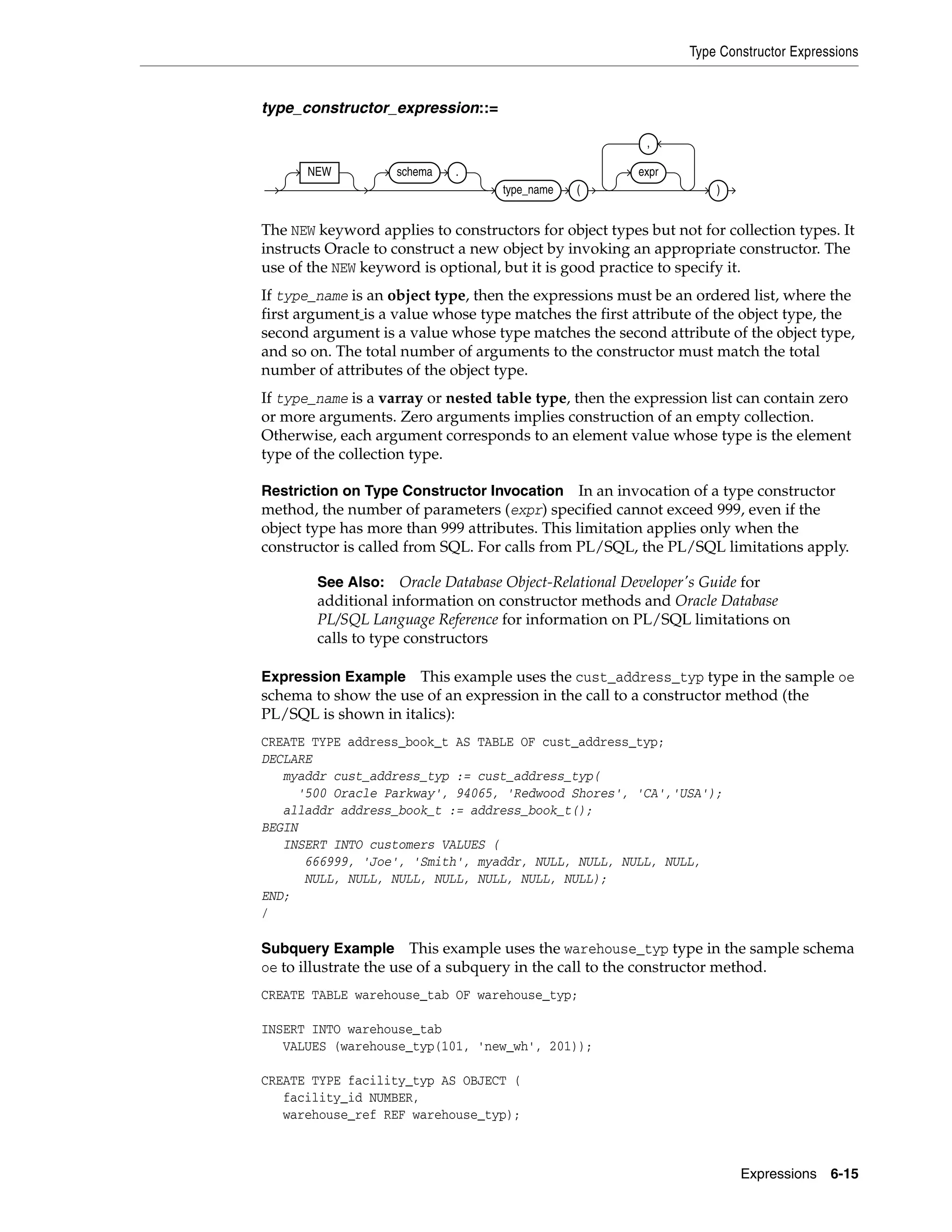 Type Constructor Expressions
Expressions 6-15
type_constructor_expression::=
The NEW keyword applies to constructors for object types but not for collection types. It
instructs Oracle to construct a new object by invoking an appropriate constructor. The
use of the NEW keyword is optional, but it is good practice to specify it.
If type_name is an object type, then the expressions must be an ordered list, where the
first argument is a value whose type matches the first attribute of the object type, the
second argument is a value whose type matches the second attribute of the object type,
and so on. The total number of arguments to the constructor must match the total
number of attributes of the object type.
If type_name is a varray or nested table type, then the expression list can contain zero
or more arguments. Zero arguments implies construction of an empty collection.
Otherwise, each argument corresponds to an element value whose type is the element
type of the collection type.
Restriction on Type Constructor Invocation In an invocation of a type constructor
method, the number of parameters (expr) specified cannot exceed 999, even if the
object type has more than 999 attributes. This limitation applies only when the
constructor is called from SQL. For calls from PL/SQL, the PL/SQL limitations apply.
Expression Example This example uses the cust_address_typ type in the sample oe
schema to show the use of an expression in the call to a constructor method (the
PL/SQL is shown in italics):
CREATE TYPE address_book_t AS TABLE OF cust_address_typ;
DECLARE
myaddr cust_address_typ := cust_address_typ(
'500 Oracle Parkway', 94065, 'Redwood Shores', 'CA','USA');
alladdr address_book_t := address_book_t();
BEGIN
INSERT INTO customers VALUES (
666999, 'Joe', 'Smith', myaddr, NULL, NULL, NULL, NULL,
NULL, NULL, NULL, NULL, NULL, NULL, NULL);
END;
/
Subquery Example This example uses the warehouse_typ type in the sample schema
oe to illustrate the use of a subquery in the call to the constructor method.
CREATE TABLE warehouse_tab OF warehouse_typ;
INSERT INTO warehouse_tab
VALUES (warehouse_typ(101, 'new_wh', 201));
CREATE TYPE facility_typ AS OBJECT (
facility_id NUMBER,
warehouse_ref REF warehouse_typ);
See Also: Oracle Database Object-Relational Developer's Guide for
additional information on constructor methods and Oracle Database
PL/SQL Language Reference for information on PL/SQL limitations on
calls to type constructors
NEW schema .
type_name (
expr
,
)
 