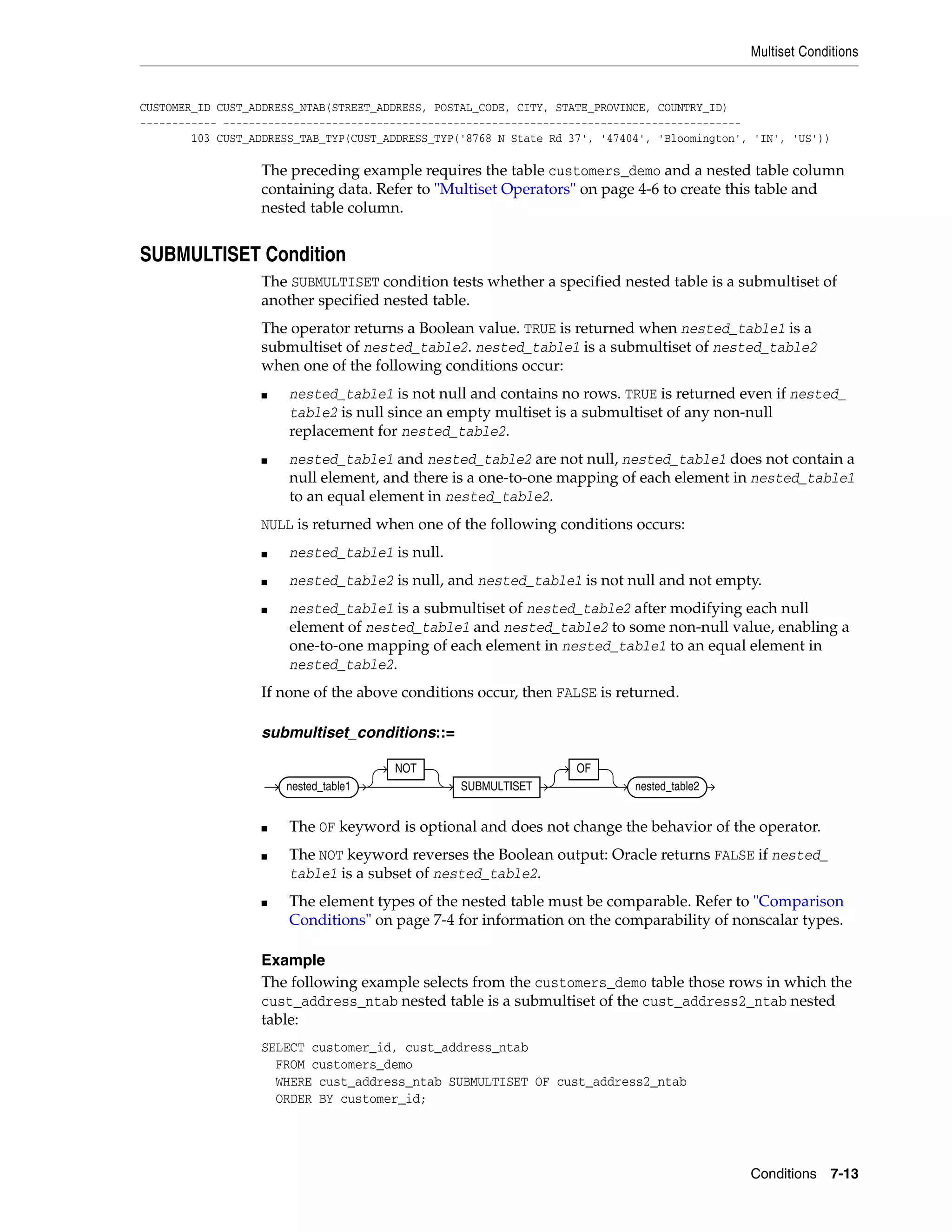 Multiset Conditions
Conditions 7-13
CUSTOMER_ID CUST_ADDRESS_NTAB(STREET_ADDRESS, POSTAL_CODE, CITY, STATE_PROVINCE, COUNTRY_ID)
------------ ---------------------------------------------------------------------------------
103 CUST_ADDRESS_TAB_TYP(CUST_ADDRESS_TYP('8768 N State Rd 37', '47404', 'Bloomington', 'IN', 'US'))
The preceding example requires the table customers_demo and a nested table column
containing data. Refer to "Multiset Operators" on page 4-6 to create this table and
nested table column.
SUBMULTISET Condition
The SUBMULTISET condition tests whether a specified nested table is a submultiset of
another specified nested table.
The operator returns a Boolean value. TRUE is returned when nested_table1 is a
submultiset of nested_table2. nested_table1 is a submultiset of nested_table2
when one of the following conditions occur:
■ nested_table1 is not null and contains no rows. TRUE is returned even if nested_
table2 is null since an empty multiset is a submultiset of any non-null
replacement for nested_table2.
■ nested_table1 and nested_table2 are not null, nested_table1 does not contain a
null element, and there is a one-to-one mapping of each element in nested_table1
to an equal element in nested_table2.
NULL is returned when one of the following conditions occurs:
■ nested_table1 is null.
■ nested_table2 is null, and nested_table1 is not null and not empty.
■ nested_table1 is a submultiset of nested_table2 after modifying each null
element of nested_table1 and nested_table2 to some non-null value, enabling a
one-to-one mapping of each element in nested_table1 to an equal element in
nested_table2.
If none of the above conditions occur, then FALSE is returned.
submultiset_conditions::=
■ The OF keyword is optional and does not change the behavior of the operator.
■ The NOT keyword reverses the Boolean output: Oracle returns FALSE if nested_
table1 is a subset of nested_table2.
■ The element types of the nested table must be comparable. Refer to "Comparison
Conditions" on page 7-4 for information on the comparability of nonscalar types.
Example
The following example selects from the customers_demo table those rows in which the
cust_address_ntab nested table is a submultiset of the cust_address2_ntab nested
table:
SELECT customer_id, cust_address_ntab
FROM customers_demo
WHERE cust_address_ntab SUBMULTISET OF cust_address2_ntab
ORDER BY customer_id;
nested_table1
NOT
SUBMULTISET
OF
nested_table2
 