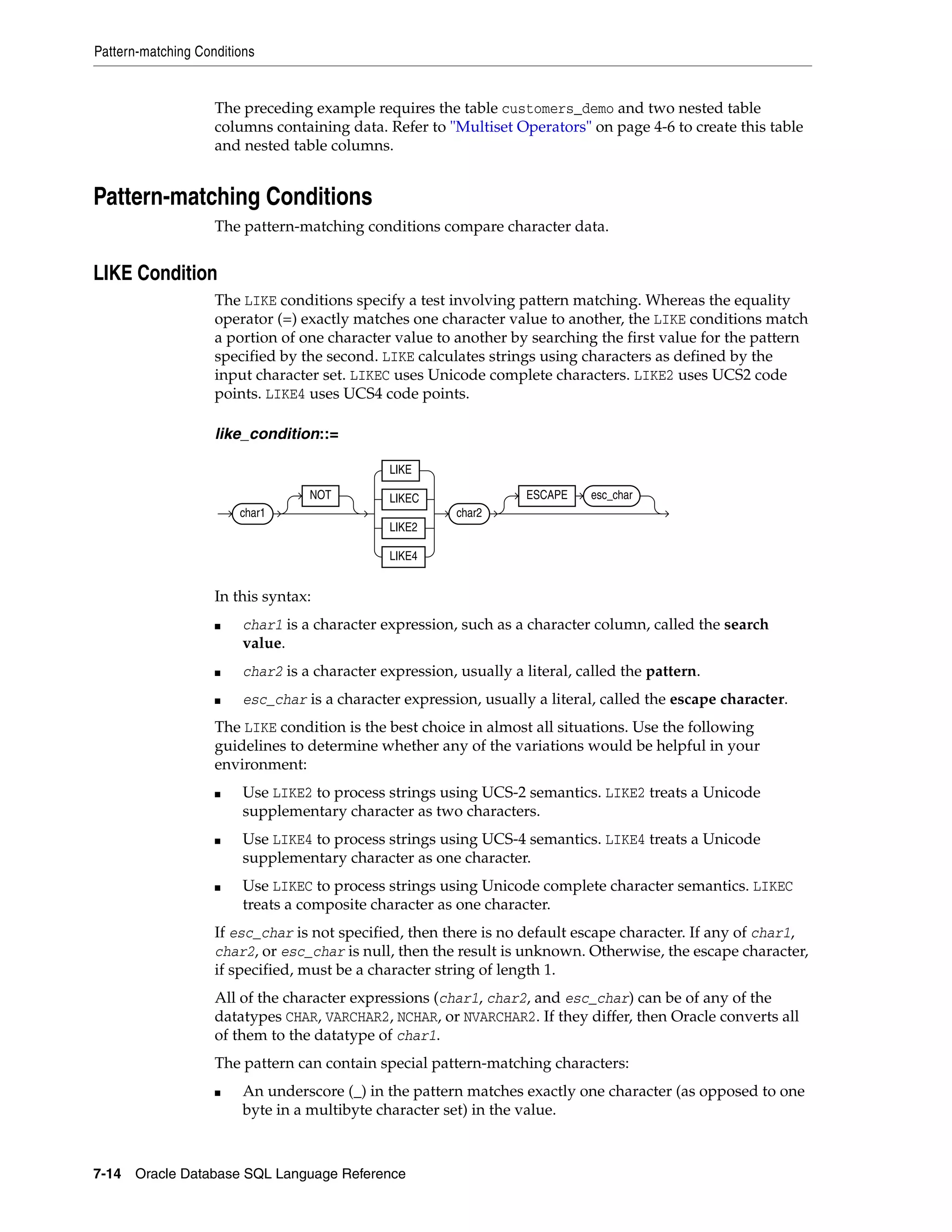 Pattern-matching Conditions
7-14 Oracle Database SQL Language Reference
The preceding example requires the table customers_demo and two nested table
columns containing data. Refer to "Multiset Operators" on page 4-6 to create this table
and nested table columns.
Pattern-matching Conditions
The pattern-matching conditions compare character data.
LIKE Condition
The LIKE conditions specify a test involving pattern matching. Whereas the equality
operator (=) exactly matches one character value to another, the LIKE conditions match
a portion of one character value to another by searching the first value for the pattern
specified by the second. LIKE calculates strings using characters as defined by the
input character set. LIKEC uses Unicode complete characters. LIKE2 uses UCS2 code
points. LIKE4 uses UCS4 code points.
like_condition::=
In this syntax:
■ char1 is a character expression, such as a character column, called the search
value.
■ char2 is a character expression, usually a literal, called the pattern.
■ esc_char is a character expression, usually a literal, called the escape character.
The LIKE condition is the best choice in almost all situations. Use the following
guidelines to determine whether any of the variations would be helpful in your
environment:
■ Use LIKE2 to process strings using UCS-2 semantics. LIKE2 treats a Unicode
supplementary character as two characters.
■ Use LIKE4 to process strings using UCS-4 semantics. LIKE4 treats a Unicode
supplementary character as one character.
■ Use LIKEC to process strings using Unicode complete character semantics. LIKEC
treats a composite character as one character.
If esc_char is not specified, then there is no default escape character. If any of char1,
char2, or esc_char is null, then the result is unknown. Otherwise, the escape character,
if specified, must be a character string of length 1.
All of the character expressions (char1, char2, and esc_char) can be of any of the
datatypes CHAR, VARCHAR2, NCHAR, or NVARCHAR2. If they differ, then Oracle converts all
of them to the datatype of char1.
The pattern can contain special pattern-matching characters:
■ An underscore (_) in the pattern matches exactly one character (as opposed to one
byte in a multibyte character set) in the value.
char1
NOT
LIKE
LIKEC
LIKE2
LIKE4
char2
ESCAPE esc_char
 