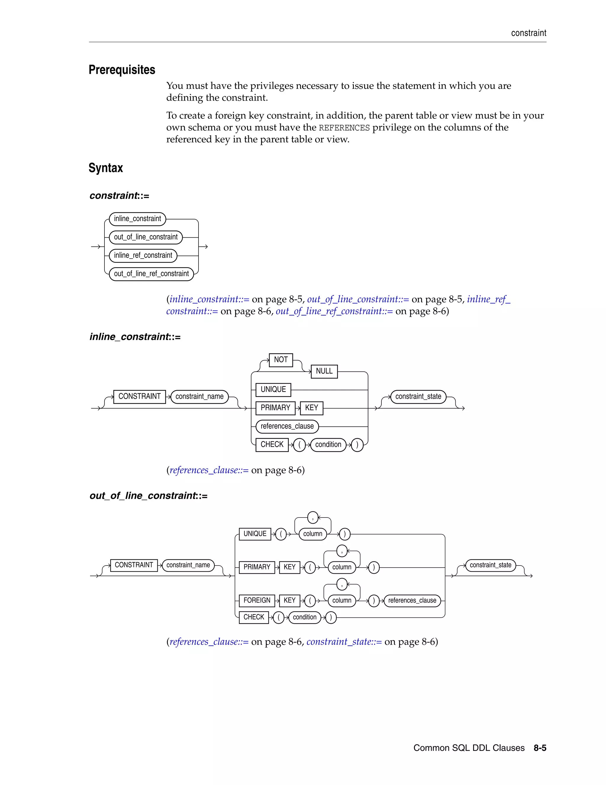 constraint
Common SQL DDL Clauses 8-5
8Prerequisites
You must have the privileges necessary to issue the statement in which you are
defining the constraint.
To create a foreign key constraint, in addition, the parent table or view must be in your
own schema or you must have the REFERENCES privilege on the columns of the
referenced key in the parent table or view.
8Syntax
constraint::=
(inline_constraint::= on page 8-5, out_of_line_constraint::= on page 8-5, inline_ref_
constraint::= on page 8-6, out_of_line_ref_constraint::= on page 8-6)
inline_constraint::=
(references_clause::= on page 8-6)
out_of_line_constraint::=
(references_clause::= on page 8-6, constraint_state::= on page 8-6)
inline_constraint
out_of_line_constraint
inline_ref_constraint
out_of_line_ref_constraint
CONSTRAINT constraint_name
NOT
NULL
UNIQUE
PRIMARY KEY
references_clause
CHECK ( condition )
constraint_state
CONSTRAINT constraint_name
UNIQUE ( column
,
)
PRIMARY KEY ( column
,
)
FOREIGN KEY ( column
,
) references_clause
CHECK ( condition )
constraint_state
 