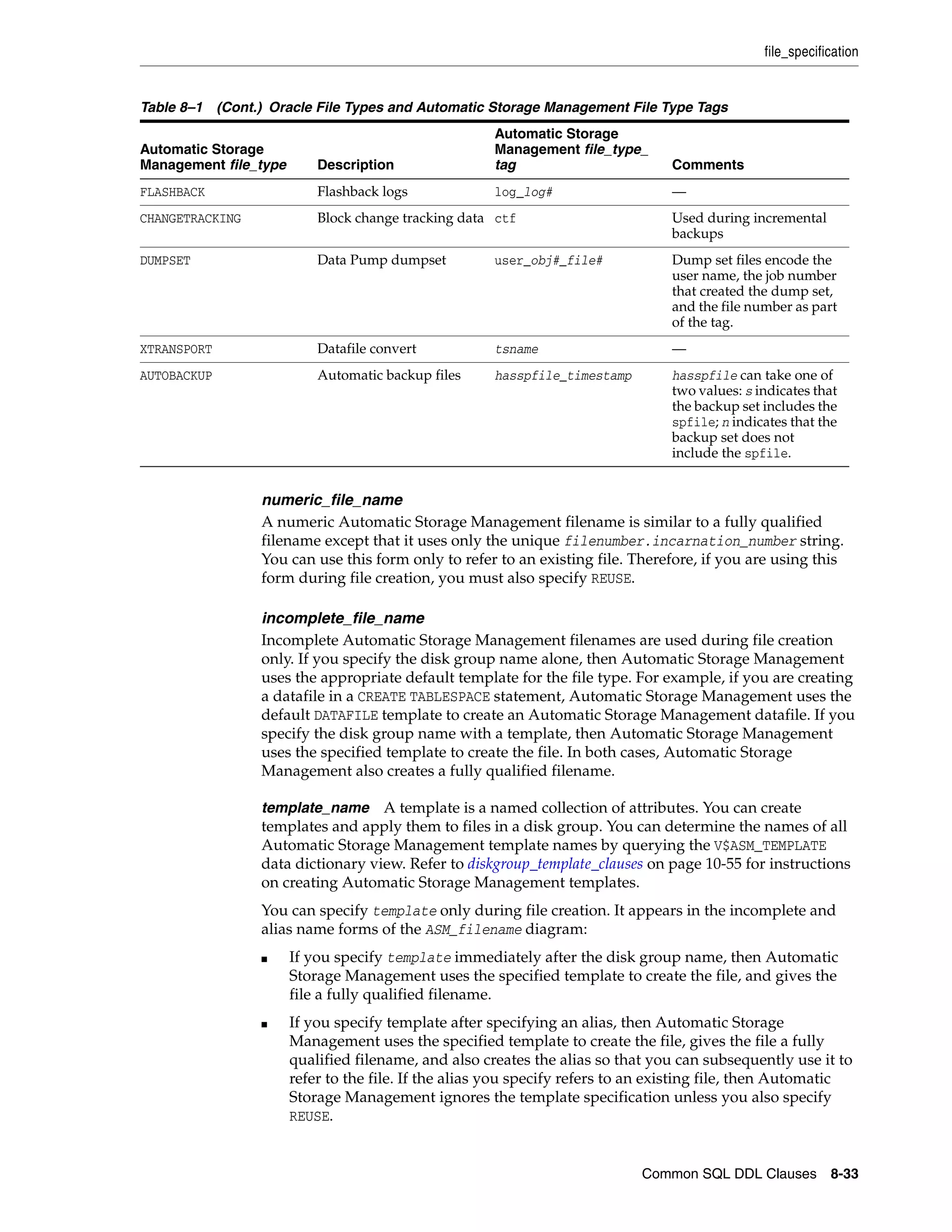 file_specification
Common SQL DDL Clauses 8-33
numeric_file_name
A numeric Automatic Storage Management filename is similar to a fully qualified
filename except that it uses only the unique filenumber.incarnation_number string.
You can use this form only to refer to an existing file. Therefore, if you are using this
form during file creation, you must also specify REUSE.
incomplete_file_name
Incomplete Automatic Storage Management filenames are used during file creation
only. If you specify the disk group name alone, then Automatic Storage Management
uses the appropriate default template for the file type. For example, if you are creating
a datafile in a CREATE TABLESPACE statement, Automatic Storage Management uses the
default DATAFILE template to create an Automatic Storage Management datafile. If you
specify the disk group name with a template, then Automatic Storage Management
uses the specified template to create the file. In both cases, Automatic Storage
Management also creates a fully qualified filename.
template_name A template is a named collection of attributes. You can create
templates and apply them to files in a disk group. You can determine the names of all
Automatic Storage Management template names by querying the V$ASM_TEMPLATE
data dictionary view. Refer to diskgroup_template_clauses on page 10-55 for instructions
on creating Automatic Storage Management templates.
You can specify template only during file creation. It appears in the incomplete and
alias name forms of the ASM_filename diagram:
■ If you specify template immediately after the disk group name, then Automatic
Storage Management uses the specified template to create the file, and gives the
file a fully qualified filename.
■ If you specify template after specifying an alias, then Automatic Storage
Management uses the specified template to create the file, gives the file a fully
qualified filename, and also creates the alias so that you can subsequently use it to
refer to the file. If the alias you specify refers to an existing file, then Automatic
Storage Management ignores the template specification unless you also specify
REUSE.
FLASHBACK Flashback logs log_log# —
CHANGETRACKING Block change tracking data ctf Used during incremental
backups
DUMPSET Data Pump dumpset user_obj#_file# Dump set files encode the
user name, the job number
that created the dump set,
and the file number as part
of the tag.
XTRANSPORT Datafile convert tsname —
AUTOBACKUP Automatic backup files hasspfile_timestamp hasspfile can take one of
two values: s indicates that
the backup set in