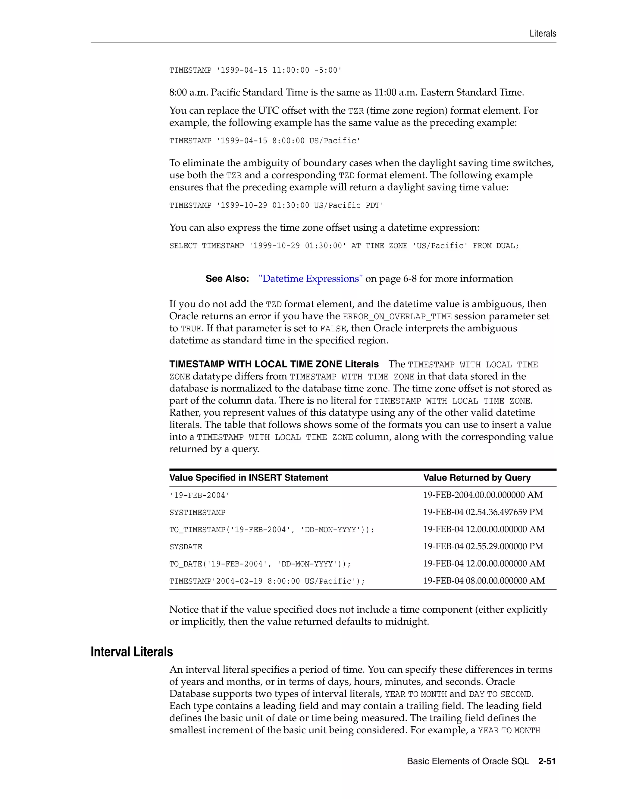 Literals
Basic Elements of Oracle SQL 2-51
TIMESTAMP '1999-04-15 11:00:00 -5:00'
8:00 a.m. Pacific Standard Time is the same as 11:00 a.m. Eastern Standard Time.
You can replace the UTC offset with the TZR (time zone region) format element. For
example, the following example has the same value as the preceding example:
TIMESTAMP '1999-04-15 8:00:00 US/Pacific'
To eliminate the ambiguity of boundary cases when the daylight saving time switches,
use both the TZR and a corresponding TZD format element. The following example
ensures that the preceding example will return a daylight saving time value:
TIMESTAMP '1999-10-29 01:30:00 US/Pacific PDT'
You can also express the time zone offset using a datetime expression:
SELECT TIMESTAMP '1999-10-29 01:30:00' AT TIME ZONE 'US/Pacific' FROM DUAL;
If you do not add the TZD format element, and the datetime value is ambiguous, then
Oracle returns an error if you have the ERROR_ON_OVERLAP_TIME session parameter set
to TRUE. If that parameter is set to FALSE, then Oracle interprets the ambiguous
datetime as standard time in the specified region.
TIMESTAMP WITH LOCAL TIME ZONE Literals The TIMESTAMP WITH LOCAL TIME
ZONE datatype differs from TIMESTAMP WITH TIME ZONE in that data stored in the
database is normalized to the database time zone. The time zone offset is not stored as
part of the column data. There is no literal for TIMESTAMP WITH LOCAL TIME ZONE.
Rather, you represent values of this datatype using any of the other valid datetime
literals. The table that follows shows some of the formats you can use to insert a value
into a TIMESTAMP WITH LOCAL TIME ZONE column, along with the corresponding value
returned by a query.
Notice that if the value specified does not include a time component (either explicitly
or implicitly, then the value returned defaults to midnight.
Interval Literals
An interval literal specifies a period of time. You can specify these differences in terms
of years and months, or in terms of days, hours, minutes, and seconds. Oracle
Database supports two types of interval literals, YEAR TO MONTH and DAY TO SECOND.
Each type contains a leading field and may contain a trailing field. The leading field
defines the basic unit of date or time being measured. The trailing field defines the
smallest increment of the basic unit being considered. For example, a YEAR TO MONTH
See Also: "Datetime Expressions" on page 6-8 for more information
Value Specified in INSERT Statement Value Returned by Query
'19-FEB-2004' 19-FEB-2004.00.00.000000 AM
SYSTIMESTAMP 19-FEB-04 02.54.36.497659 PM
TO_TIMESTAMP('19-FEB-2004', 'DD-MON-YYYY')); 19-FEB-04 12.00.00.000000 AM
SYSDATE 19-FEB-04 02.55.29.000000 PM
TO_DATE('19-FEB-2004', 'DD-MON-YYYY')); 19-FEB-04 12.00.00.000000 AM
TIMESTAMP'2004-02-19 8:00:00 US/Pacific'); 19-FEB-04 08.00.00.000000 AM
 