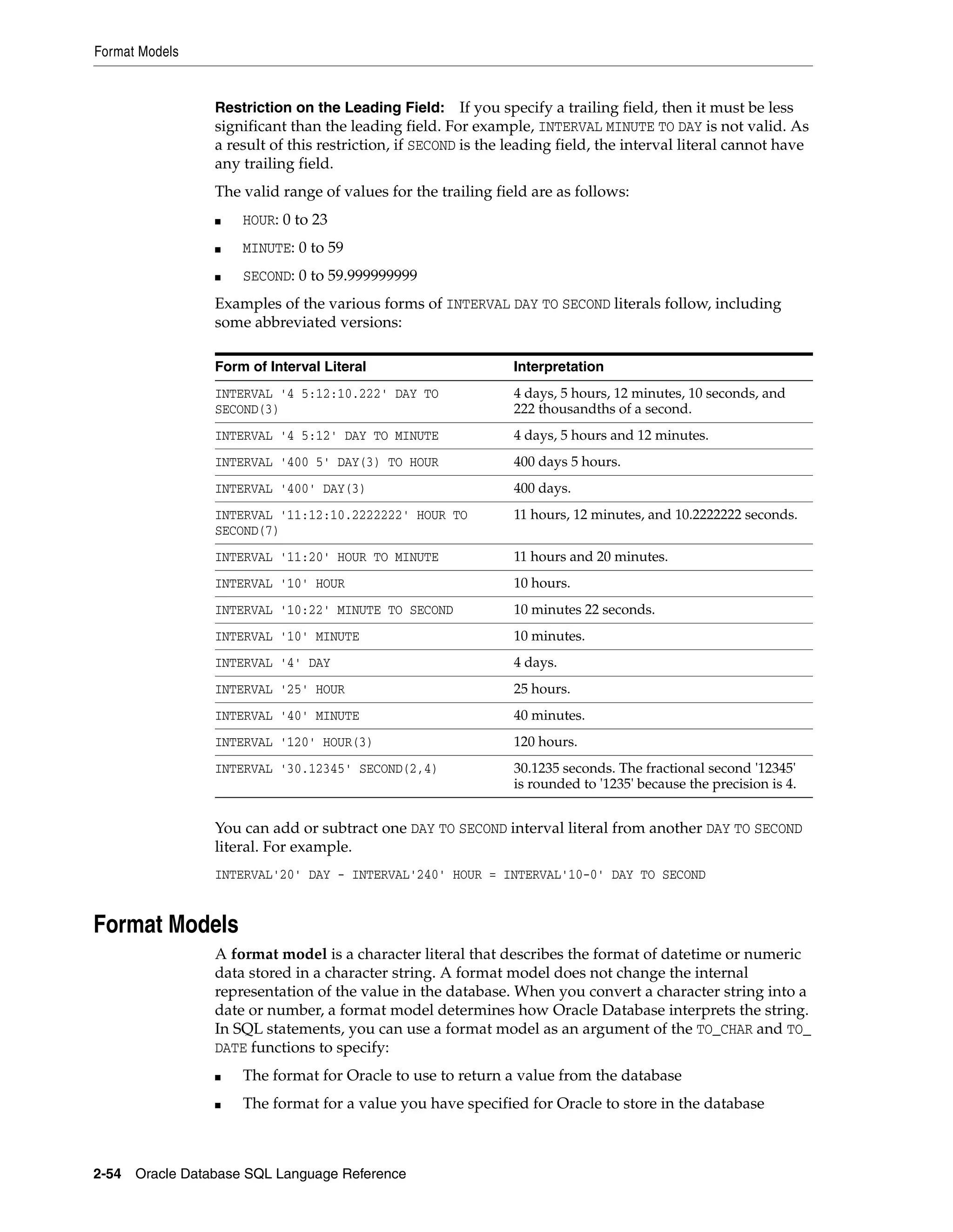 Format Models
2-54 Oracle Database SQL Language Reference
Restriction on the Leading Field: If you specify a trailing field, then it must be less
significant than the leading field. For example, INTERVAL MINUTE TO DAY is not valid. As
a result of this restriction, if SECOND is the leading field, the interval literal cannot have
any trailing field.
The valid range of values for the trailing field are as follows:
■ HOUR: 0 to 23
■ MINUTE: 0 to 59
■ SECOND: 0 to 59.999999999
Examples of the various forms of INTERVAL DAY TO SECOND literals follow, including
some abbreviated versions:
You can add or subtract one DAY TO SECOND interval literal from another DAY TO SECOND
literal. For example.
INTERVAL'20' DAY - INTERVAL'240' HOUR = INTERVAL'10-0' DAY TO SECOND
Format Models
A format model is a character literal that describes the format of datetime or numeric
data stored in a character string. A format model does not change the internal
representation of the value in the database. When you convert a character string into a
date or number, a format model determines how Oracle Database interprets the string.
In SQL statements, you can use a format model as an argument of the TO_CHAR and TO_
DATE functions to specify:
■ The format for Oracle to use to return a value from the database
■ The format for a value you have specified for Oracle to store in the database
Form of Interval Literal Interpretation
INTERVAL '4 5:12:10.222' DAY TO
SECOND(3)
4 days, 5 hours, 12 minutes, 10 seconds, and
222 thousandths of a second.
INTERVAL '4 5:12' DAY TO MINUTE 4 days, 5 hours and 12 minutes.
INTERVAL '400 5' DAY(3) TO HOUR 400 days 5 hours.
INTERVAL '400' DAY(3) 400 days.
INTERVAL '11:12:10.2222222' HOUR TO
SECOND(7)
11 hours, 12 minutes, and 10.2222222 seconds.
INTERVAL '11:20' HOUR TO MINUTE 11 hours and 20 minutes.
INTERVAL '10' HOUR 10 hours.
INTERVAL '10:22' MINUTE TO SECOND 10 minutes 22 seconds.
INTERVAL '10' MINUTE 10 minutes.
INTERVAL '4' DAY 4 days.
INTERVAL '25' HOUR 25 hours.
INTERVAL '40' MINUTE 40 minutes.
INTERVAL '120' HOUR(3) 120 hours.
INTERVAL '30.12345' SECOND(2,4) 30.1235 seconds. The fractional second '12345'
is rounded to '1235' because the precision is 4.
 