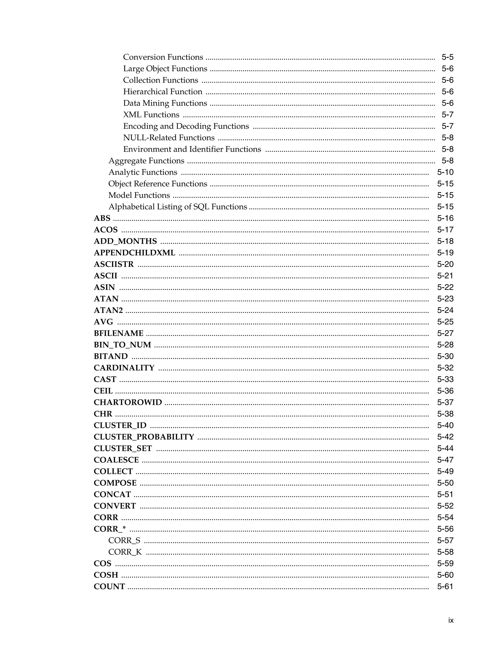 ix
Conversion Functions ................................................................................................................ 5-5
Large Object Functions .............................................................................................................. 5-6
Collection Functions .................................................................................................................. 5-6
Hierarchical Function ................................................................................................................ 5-6
Data Mining Functions .............................................................................................................. 5-6
XML Functions ........................................................................................................................... 5-7
Encoding and Decoding Functions ......................................................................................... 5-7
NULL-Related Functions .......................................................................................................... 5-8
Environment and Identifier Functions ................................................................................... 5-8
Aggregate Functions ......................................................................................................................... 5-8
Analytic Functions ......................................................................................................................... 5-10
Object Reference Functions ........................................................................................................... 5-15
Model Functions ............................................................................................................................. 5-15
Alphabetical Listing of SQL Functions ........................................................................................ 5-15
ABS .......................................................................................................................................................... 5-16
ACOS ...................................................................................................................................................... 5-17
ADD_MONTHS ................................................................................................................................... 5-18
APPENDCHILDXML .......................................................................................................................... 5-19
ASCIISTR .............................................................................................................................................. 5-20
ASCII ...................................................................................................................................................... 5-21
ASIN ....................................................................................................................................................... 5-22
ATAN ...................................................................................................................................................... 5-23
ATAN2 .................................................................................................................................................... 5-24
AVG ........................................................................................................................................................ 5-25
BFILENAME .......................................................................................................................................... 5-27
BIN_TO_NUM ...................................................................................................................................... 5-28
BITAND ................................................................................................................................................. 5-30
CARDINALITY .................................................................................................................................... 5-32
CAST ....................................................................................................................................................... 5-33
CEIL ......................................................................................................................................................... 5-36
CHARTOROWID ................................................................................................................................. 5-37
CHR ......................................................................................................................................................... 5-38
CLUSTER_ID ........................................................................................................................................ 5-40
CLUSTER_PROBABILITY ................................................................................................................. 5-42
CLUSTER_SET ..................................................................................................................................... 5-44
COALESCE ............................................................................................................................................ 5-47
COLLECT ............................................................................................................................................... 5-49
COMPOSE ............................................................................................................................................. 5-50
CONCAT ................................................................................................................................................ 5-51
CONVERT ............................................................................................................................................. 5-52
CORR ...................................................................................................................................................... 5-54
CORR_* .................................................................................................................................................. 5-56
CORR_S ........................................................................................................................................... 5-57
CORR_K .......................................................................................................................................... 5-58
COS ......................................................................................................................................................... 5-59
COSH ...................................................................................................................................................... 5-60
COUNT ................................................................................................................................................... 5-61
 