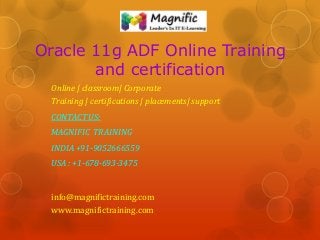 Oracle 11g ADF Online Training
and certification
Online | classroom| Corporate
Training | certifications | placements| support
CONTACT US:
MAGNIFIC TRAINING
INDIA +91-9052666559
USA : +1-678-693-3475
info@magnifictraining.com
www.magnifictraining.com
 