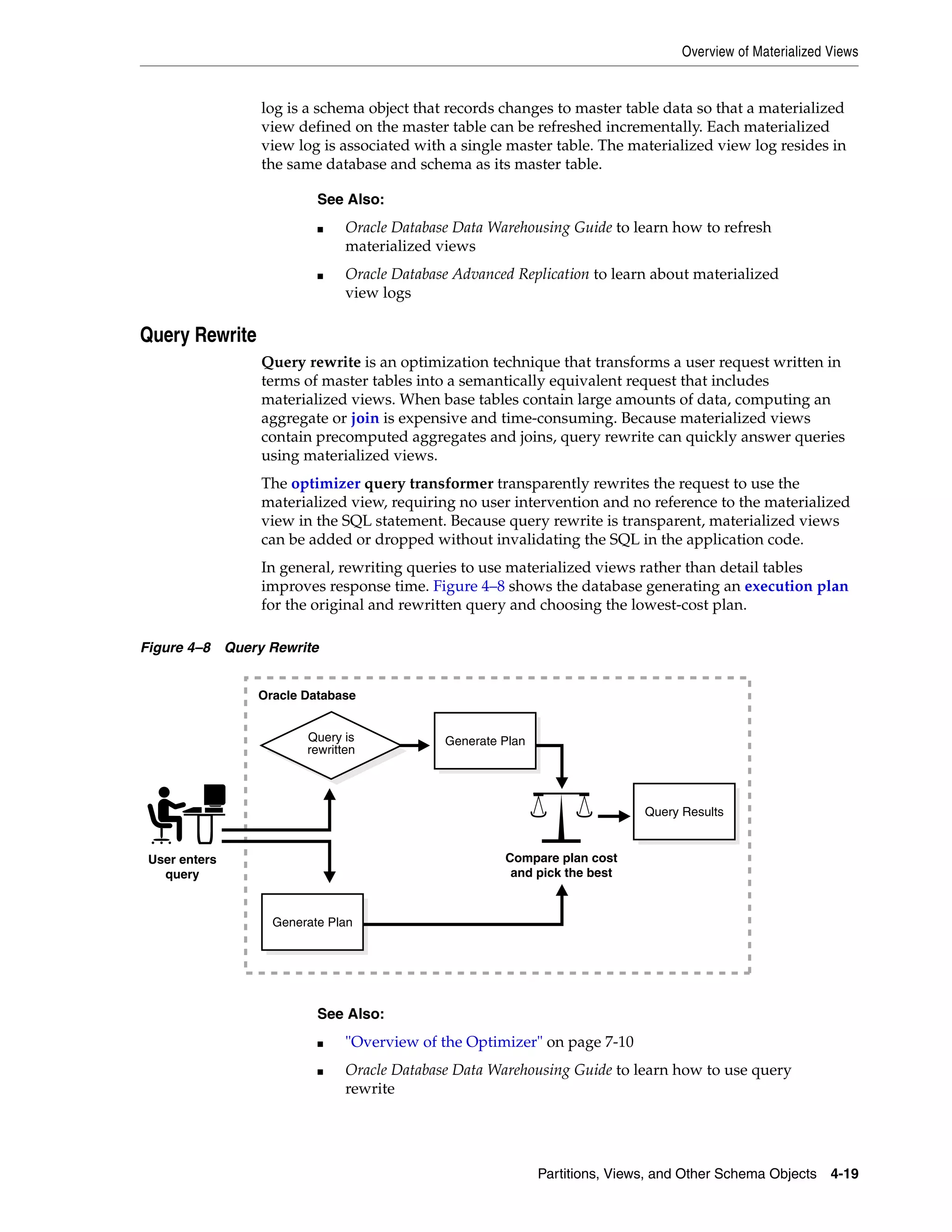 Overview of Materialized Views Partitions, Views, and Other Schema Objects 4-19 log is a schema object that records changes to master table data so that a materialized view defined on the master table can be refreshed incrementally. Each materialized view log is associated with a single master table. The materialized view log resides in the same database and schema as its master table. Query Rewrite Query rewrite is an optimization technique that transforms a user request written in terms of master tables into a semantically equivalent request that includes materialized views. When base tables contain large amounts of data, computing an aggregate or join is expensive and time-consuming. Because materialized views contain precomputed aggregates and joins, query rewrite can quickly answer queries using materialized views. The optimizer query transformer transparently rewrites the request to use the materialized view, requiring no user intervention and no reference to the materialized view in the SQL statement. Because query rewrite is transparent, materialized views can be added or dropped without invalidating the SQL in the application code. In general, rewriting queries to use materialized views rather than detail tables improves response time. Figure 4–8 shows the database generating an execution plan for the original and rewritten query and choosing the lowest-cost plan. Figure 4–8 Query Rewrite See Also: ■ Oracle Database Data Warehousing Guide to learn how to refresh materialized views ■ Oracle Database Advanced Replication to learn about materialized view logs See Also: ■ "Overview of the Optimizer" on page 7-10 ■ Oracle Database Data Warehousing Guide to learn how to use query rewrite StrategyGenerate Plan Strategy Query is rewritten User enters query Compare plan cost and pick the best StrategyGenerate Plan StrategyQuery Results Oracle Database 