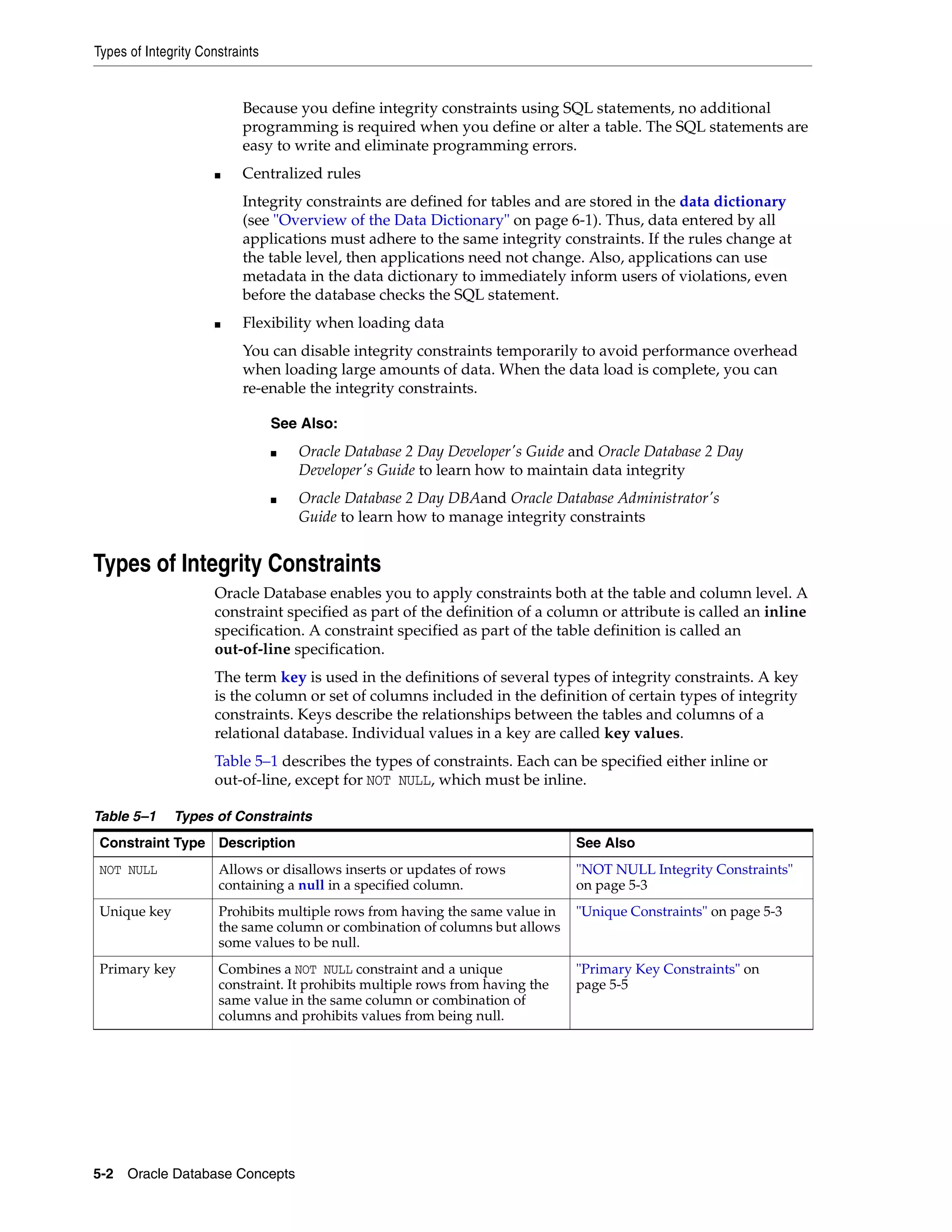 Types of Integrity Constraints 5-2 Oracle Database Concepts Because you define integrity constraints using SQL statements, no additional programming is required when you define or alter a table. The SQL statements are easy to write and eliminate programming errors. ■ Centralized rules Integrity constraints are defined for tables and are stored in the data dictionary (see "Overview of the Data Dictionary" on page 6-1). Thus, data entered by all applications must adhere to the same integrity constraints. If the rules change at the table level, then applications need not change. Also, applications can use metadata in the data dictionary to immediately inform users of violations, even before the database checks the SQL statement. ■ Flexibility when loading data You can disable integrity constraints temporarily to avoid performance overhead when loading large amounts of data. When the data load is complete, you can re-enable the integrity constraints. Types of Integrity Constraints Oracle Database enables you to apply constraints both at the table and column level. A constraint specified as part of the definition of a column or attribute is called an inline specification. A constraint specified as part of the table definition is called an out-of-line specification. The term key is used in the definitions of several types of integrity constraints. A key is the column or set of columns included in the definition of certain types of integrity constraints. Keys describe the relationships between the tables and columns of a relational database. Individual values in a key are called key values. Table 5–1 describes the types of constraints. Each can be specified either inline or out-of-line, except for NOT NULL, which must be inline. See Also: ■ Oracle Database 2 Day Developer's Guide and Oracle Database 2 Day Developer's Guide to learn how to maintain data integrity ■ Oracle Database 2 Day DBAand Oracle Database Administrator's Guide to learn how to manage integrity constraints Table 5–1 Types of Constraints Constraint Type Description See Also NOT NULL Allows or disallows inserts or updates of rows containing a null in a specified column. "NOT NULL Integrity Constraints" on page 5-3 Unique key Prohibits multiple rows from having the same value in the same column or combination of columns but allows some values to be null. "Unique Constraints" on page 5-3 Primary key Combines a NOT NULL constraint and a unique constraint. It prohibits multiple rows from having the same value in the same column or combination of columns and prohibits values from being null. "Primary Key Constraints" on page 5-5 
