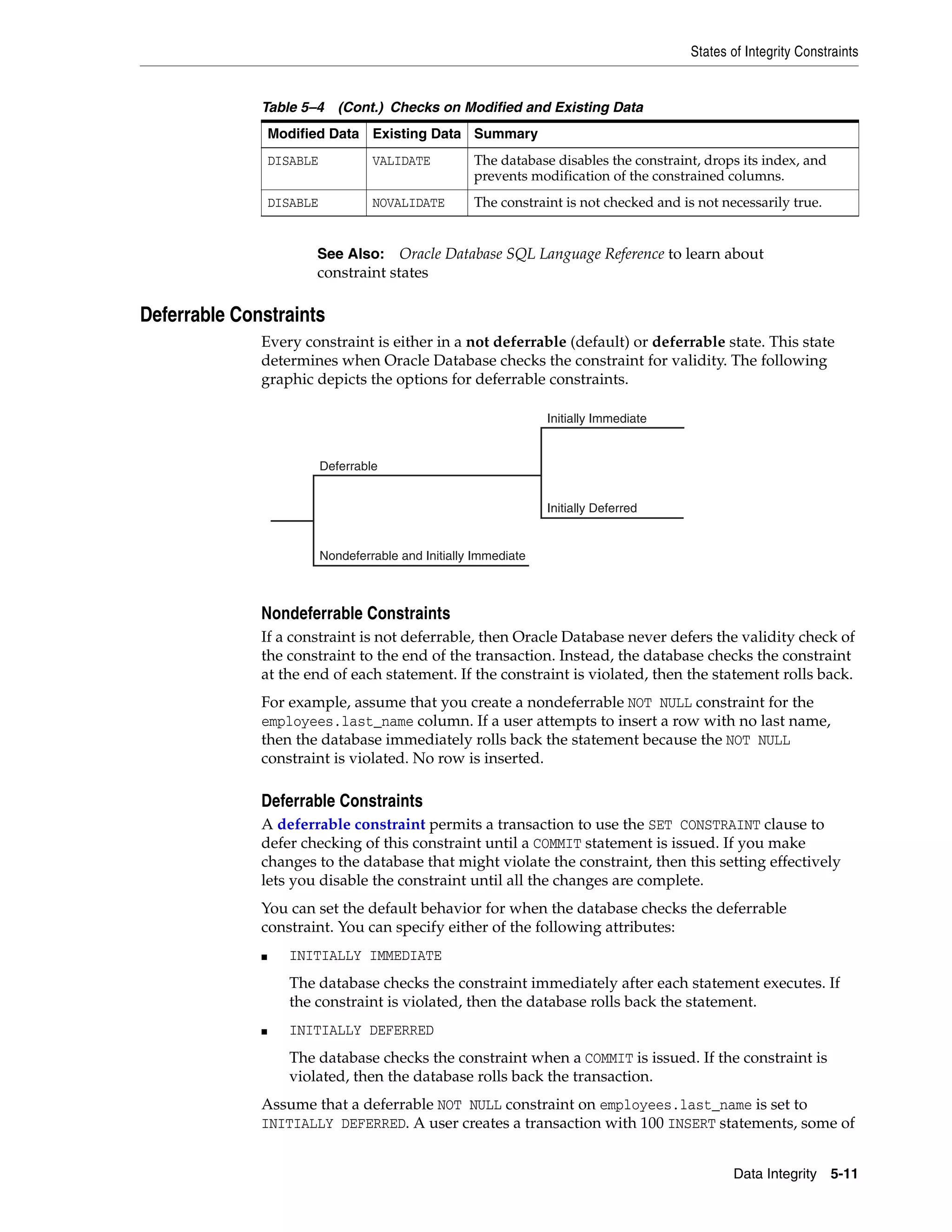 States of Integrity Constraints Data Integrity 5-11 Deferrable Constraints Every constraint is either in a not deferrable (default) or deferrable state. This state determines when Oracle Database checks the constraint for validity. The following graphic depicts the options for deferrable constraints. Nondeferrable Constraints If a constraint is not deferrable, then Oracle Database never defers the validity check of the constraint to the end of the transaction. Instead, the database checks the constraint at the end of each statement. If the constraint is violated, then the statement rolls back. For example, assume that you create a nondeferrable NOT NULL constraint for the employees.last_name column. If a user attempts to insert a row with no last name, then the database immediately rolls back the statement because the NOT NULL constraint is violated. No row is inserted. Deferrable Constraints A deferrable constraint permits a transaction to use the SET CONSTRAINT clause to defer checking of this constraint until a COMMIT statement is issued. If you make changes to the database that might violate the constraint, then this setting effectively lets you disable the constraint until all the changes are complete. You can set the default behavior for when the database checks the deferrable constraint. You can specify either of the following attributes: ■ INITIALLY IMMEDIATE The database checks the constraint immediately after each statement executes. If the constraint is violated, then the database rolls back the statement. ■ INITIALLY DEFERRED The database checks the constraint when a COMMIT is issued. If the constraint is violated, then the database rolls back the transaction. Assume that a deferrable NOT NULL constraint on employees.last_name is set to INITIALLY DEFERRED. A user creates a transaction with 100 INSERT statements, some of DISABLE VALIDATE The database disables the constraint, drops its index, and prevents modification of the constrained columns. DISABLE NOVALIDATE The constraint is not checked and is not necessarily true. See Also: Oracle Database SQL Language Reference to learn about constraint states Table 5–4 (Cont.) Checks on Modified and Existing Data Modified Data Existing Data Summary Initially Immediate Initially Deferred Deferrable Nondeferrable and Initially Immediate 