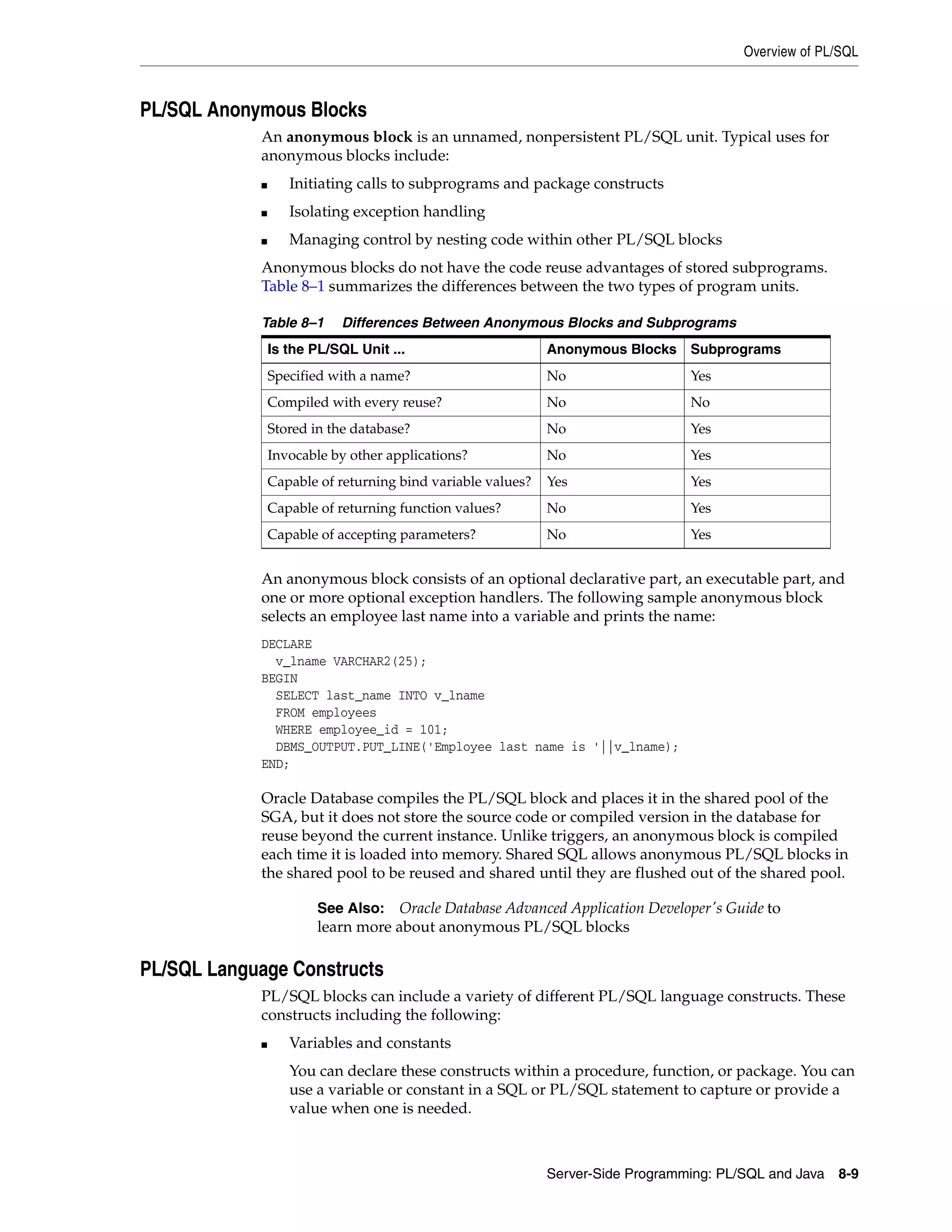 Overview of PL/SQL Server-Side Programming: PL/SQL and Java 8-9 PL/SQL Anonymous Blocks An anonymous block is an unnamed, nonpersistent PL/SQL unit. Typical uses for anonymous blocks include: ■ Initiating calls to subprograms and package constructs ■ Isolating exception handling ■ Managing control by nesting code within other PL/SQL blocks Anonymous blocks do not have the code reuse advantages of stored subprograms. Table 8–1 summarizes the differences between the two types of program units. An anonymous block consists of an optional declarative part, an executable part, and one or more optional exception handlers. The following sample anonymous block selects an employee last name into a variable and prints the name: DECLARE v_lname VARCHAR2(25); BEGIN SELECT last_name INTO v_lname FROM employees WHERE employee_id = 101; DBMS_OUTPUT.PUT_LINE('Employee last name is '||v_lname); END; Oracle Database compiles the PL/SQL block and places it in the shared pool of the SGA, but it does not store the source code or compiled version in the database for reuse beyond the current instance. Unlike triggers, an anonymous block is compiled each time it is loaded into memory. Shared SQL allows anonymous PL/SQL blocks in the shared pool to be reused and shared until they are flushed out of the shared pool. PL/SQL Language Constructs PL/SQL blocks can include a variety of different PL/SQL language constructs. These constructs including the following: ■ Variables and constants You can declare these constructs within a procedure, function, or package. You can use a variable or constant in a SQL or PL/SQL statement to capture or provide a value when one is needed. Table 8–1 Differences Between Anonymous Blocks and Subprograms Is the PL/SQL Unit ... Anonymous Blocks Subprograms Specified with a name? No Yes Compiled with every reuse? No No Stored in the database? No Yes Invocable by other applications? No Yes Capable of returning bind variable values? Yes Yes Capable of returning function values? No Yes Capable of accepting parameters? No Yes See Also: Oracle Database Advanced Application Developer's Guide to learn more about anonymous PL/SQL blocks 