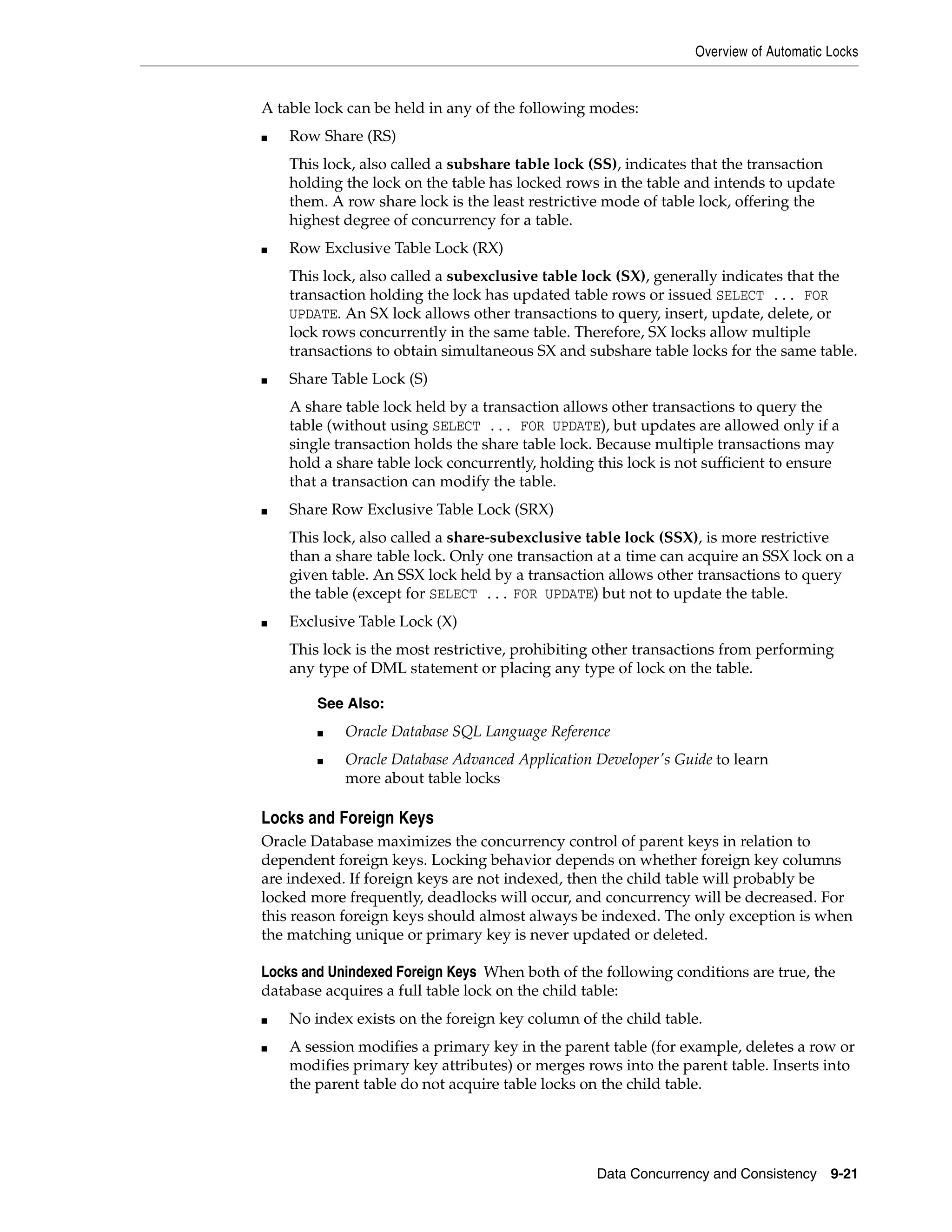 Overview of Automatic Locks Data Concurrency and Consistency 9-21 A table lock can be held in any of the following modes: ■ Row Share (RS) This lock, also called a subshare table lock (SS), indicates that the transaction holding the lock on the table has locked rows in the table and intends to update them. A row share lock is the least restrictive mode of table lock, offering the highest degree of concurrency for a table. ■ Row Exclusive Table Lock (RX) This lock, also called a subexclusive table lock (SX), generally indicates that the transaction holding the lock has updated table rows or issued SELECT ... FOR UPDATE. An SX lock allows other transactions to query, insert, update, delete, or lock rows concurrently in the same table. Therefore, SX locks allow multiple transactions to obtain simultaneous SX and subshare table locks for the same table. ■ Share Table Lock (S) A share table lock held by a transaction allows other transactions to query the table (without using SELECT ... FOR UPDATE), but updates are allowed only if a single transaction holds the share table lock. Because multiple transactions may hold a share table lock concurrently, holding this lock is not sufficient to ensure that a transaction can modify the table. ■ Share Row Exclusive Table Lock (SRX) This lock, also called a share-subexclusive table lock (SSX), is more restrictive than a share table lock. Only one transaction at a time can acquire an SSX lock on a given table. An SSX lock held by a transaction allows other transactions to query the table (except for SELECT ... FOR UPDATE) but not to update the table. ■ Exclusive Table Lock (X) This lock is the most restrictive, prohibiting other transactions from performing any type of DML statement or placing any type of lock on the table. Locks and Foreign Keys Oracle Database maximizes the concurrency control of parent keys in relation to dependent foreign keys. Locking behavior depends on whether foreign key columns are indexed. If foreign keys are not indexed, then the child table will probably be locked more frequently, deadlocks will occur, and concurrency will be decreased. For this reason foreign keys should almost always be indexed. The only exception is when the matching unique or primary key is never updated or deleted. Locks and Unindexed Foreign Keys When both of the following conditions are true, the database acquires a full table lock on the child table: ■ No index exists on the foreign key column of the child table. ■ A session modifies a primary key in the parent table (for example, deletes a row or modifies primary key attributes) or merges rows into the parent table. Inserts into the parent table do not acquire table locks on the child table. See Also: ■ Oracle Database SQL Language Reference ■ Oracle Database Advanced Application Developer's Guide to learn more about table locks 