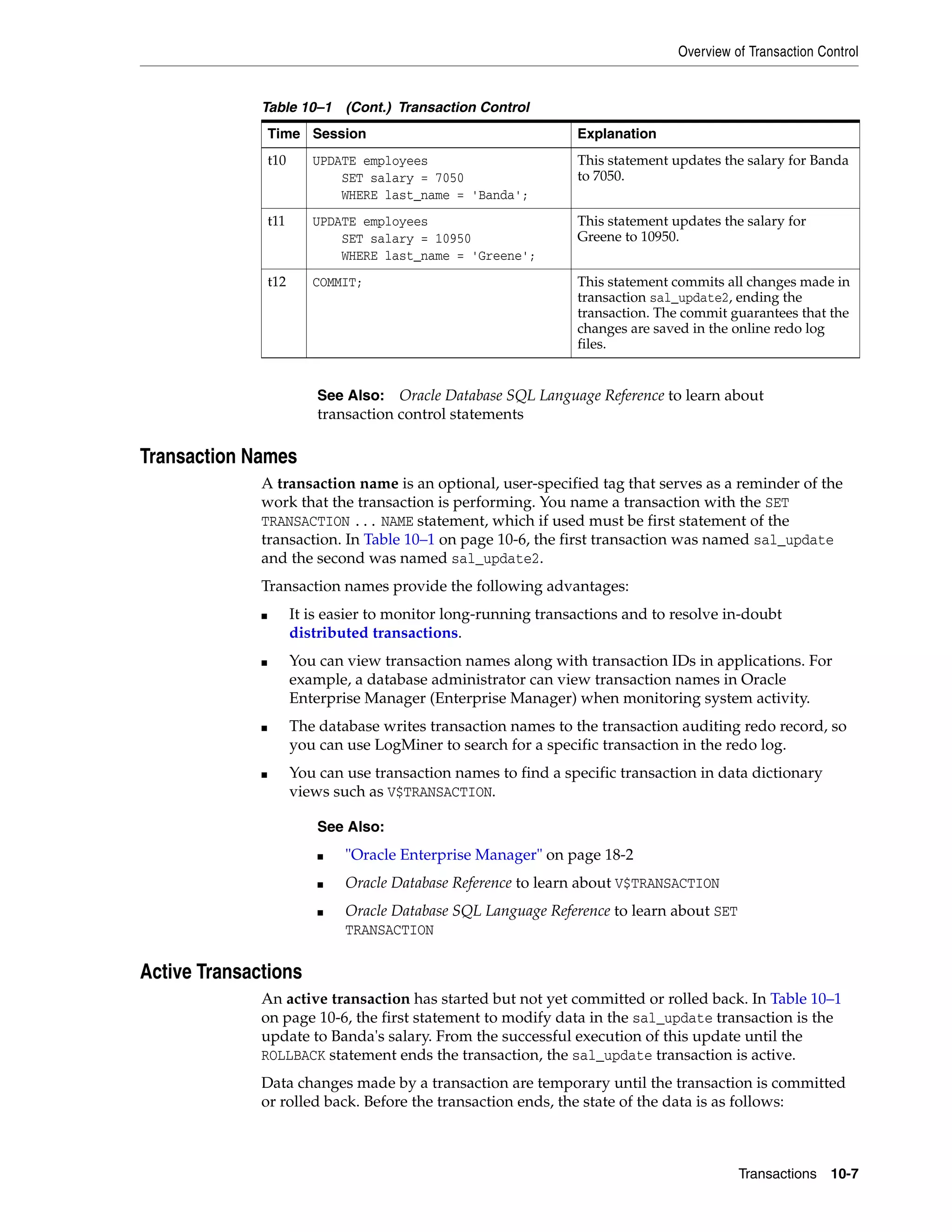 Overview of Transaction Control Transactions 10-7 Transaction Names A transaction name is an optional, user-specified tag that serves as a reminder of the work that the transaction is performing. You name a transaction with the SET TRANSACTION ... NAME statement, which if used must be first statement of the transaction. In Table 10–1 on page 10-6, the first transaction was named sal_update and the second was named sal_update2. Transaction names provide the following advantages: ■ It is easier to monitor long-running transactions and to resolve in-doubt distributed transactions. ■ You can view transaction names along with transaction IDs in applications. For example, a database administrator can view transaction names in Oracle Enterprise Manager (Enterprise Manager) when monitoring system activity. ■ The database writes transaction names to the transaction auditing redo record, so you can use LogMiner to search for a specific transaction in the redo log. ■ You can use transaction names to find a specific transaction in data dictionary views such as V$TRANSACTION. Active Transactions An active transaction has started but not yet committed or rolled back. In Table 10–1 on page 10-6, the first statement to modify data in the sal_update transaction is the update to Banda's salary. From the successful execution of this update until the ROLLBACK statement ends the transaction, the sal_update transaction is active. Data changes made by a transaction are temporary until the transaction is committed or rolled back. Before the transaction ends, the state of the data is as follows: t10 UPDATE employees SET salary = 7050 WHERE last_name = 'Banda'; This statement updates the salary for Banda to 7050. t11 UPDATE employees SET salary = 10950 WHERE last_name = 'Greene'; This statement updates the salary for Greene to 10950. t12 COMMIT; This statement commits all changes made in transaction sal_update2, ending the transaction. The commit guarantees that the changes are saved in the online redo log files. See Also: Oracle Database SQL Language Reference to learn about transaction control statements See Also: ■ "Oracle Enterprise Manager" on page 18-2 ■ Oracle Database Reference to learn about V$TRANSACTION ■ Oracle Database SQL Language Reference to learn about SET TRANSACTION Table 10–1 (Cont.) Transaction Control Time Session Explanation 