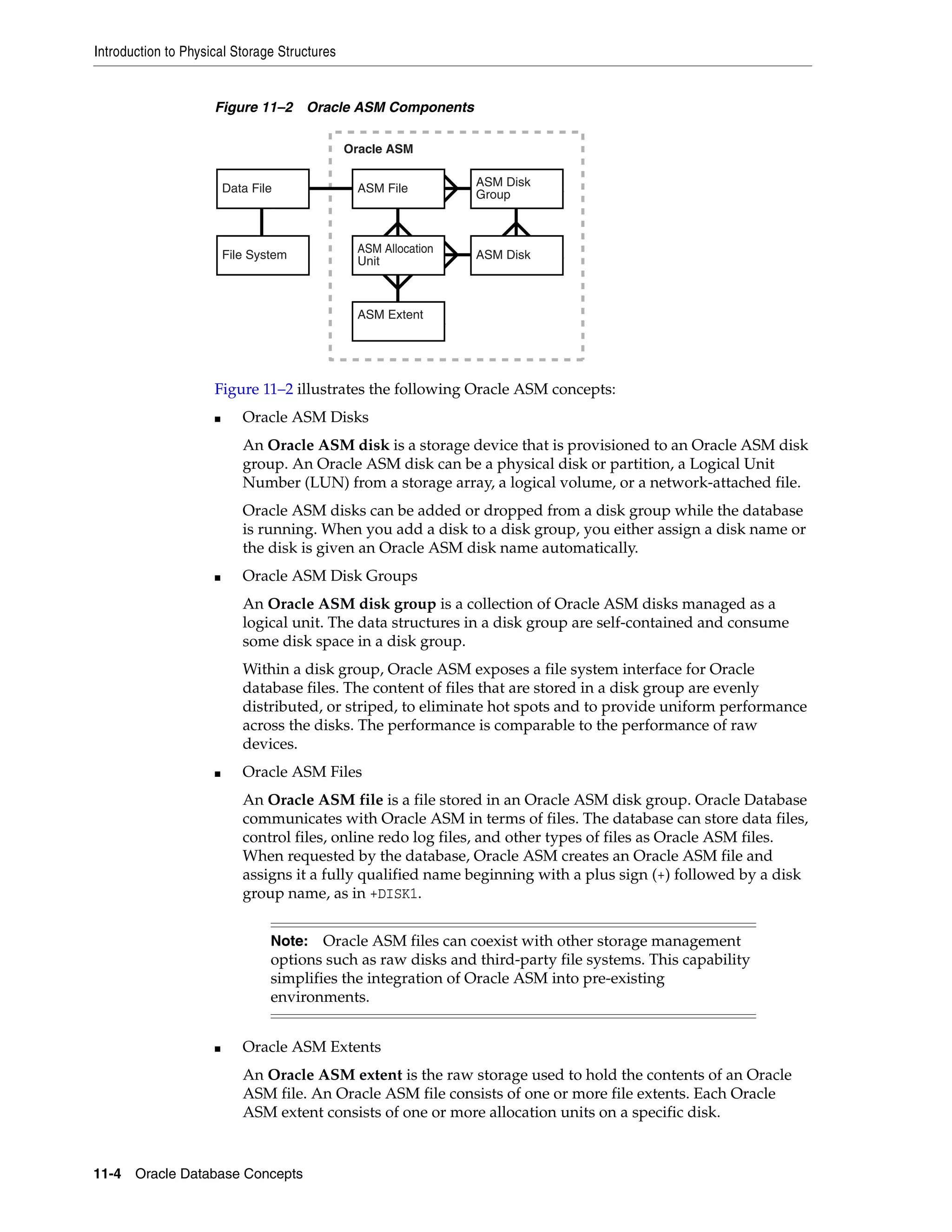 Introduction to Physical Storage Structures 11-4 Oracle Database Concepts Figure 11–2 Oracle ASM Components Figure 11–2 illustrates the following Oracle ASM concepts: ■ Oracle ASM Disks An Oracle ASM disk is a storage device that is provisioned to an Oracle ASM disk group. An Oracle ASM disk can be a physical disk or partition, a Logical Unit Number (LUN) from a storage array, a logical volume, or a network-attached file. Oracle ASM disks can be added or dropped from a disk group while the database is running. When you add a disk to a disk group, you either assign a disk name or the disk is given an Oracle ASM disk name automatically. ■ Oracle ASM Disk Groups An Oracle ASM disk group is a collection of Oracle ASM disks managed as a logical unit. The data structures in a disk group are self-contained and consume some disk space in a disk group. Within a disk group, Oracle ASM exposes a file system interface for Oracle database files. The content of files that are stored in a disk group are evenly distributed, or striped, to eliminate hot spots and to provide uniform performance across the disks. The performance is comparable to the performance of raw devices. ■ Oracle ASM Files An Oracle ASM file is a file stored in an Oracle ASM disk group. Oracle Database communicates with Oracle ASM in terms of files. The database can store data files, control files, online redo log files, and other types of files as Oracle ASM files. When requested by the database, Oracle ASM creates an Oracle ASM file and assigns it a fully qualified name beginning with a plus sign (+) followed by a disk group name, as in +DISK1. ■ Oracle ASM Extents An Oracle ASM extent is the raw storage used to hold the contents of an Oracle ASM file. An Oracle ASM file consists of one or more file extents. Each Oracle ASM extent consists of one or more allocation units on a specific disk. Note: Oracle ASM files can coexist with other storage management options such as raw disks and third-party file systems. This capability simplifies the integration of Oracle ASM into pre-existing environments. Data File File System ASM File ASM Allocation Unit ASM Extent ASM Disk Group ASM Disk Oracle ASM 