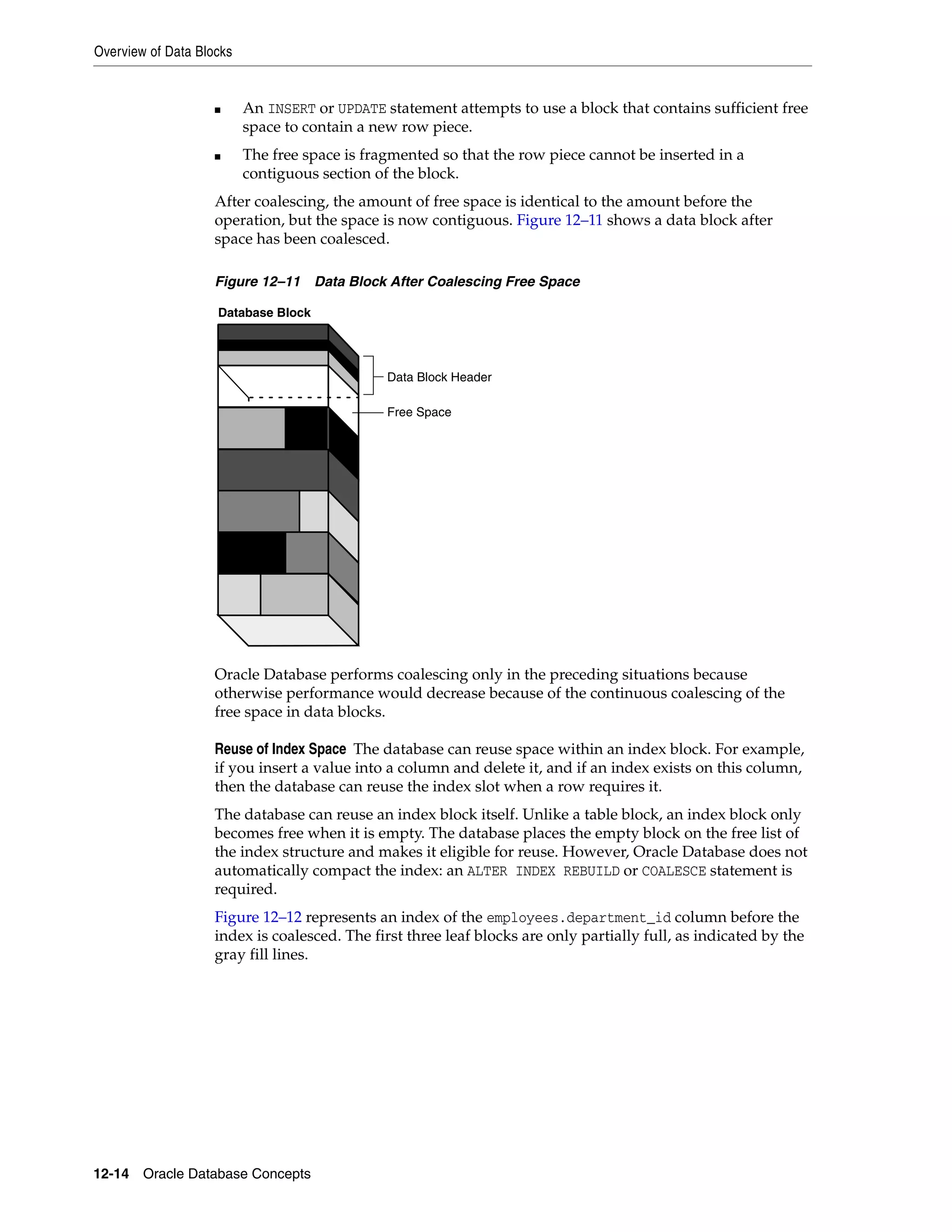 Overview of Data Blocks 12-14 Oracle Database Concepts ■ An INSERT or UPDATE statement attempts to use a block that contains sufficient free space to contain a new row piece. ■ The free space is fragmented so that the row piece cannot be inserted in a contiguous section of the block. After coalescing, the amount of free space is identical to the amount before the operation, but the space is now contiguous. Figure 12–11 shows a data block after space has been coalesced. Figure 12–11 Data Block After Coalescing Free Space Oracle Database performs coalescing only in the preceding situations because otherwise performance would decrease because of the continuous coalescing of the free space in data blocks. Reuse of Index Space The database can reuse space within an index block. For example, if you insert a value into a column and delete it, and if an index exists on this column, then the database can reuse the index slot when a row requires it. The database can reuse an index block itself. Unlike a table block, an index block only becomes free when it is empty. The database places the empty block on the free list of the index structure and makes it eligible for reuse. However, Oracle Database does not automatically compact the index: an ALTER INDEX REBUILD or COALESCE statement is required. Figure 12–12 represents an index of the employees.department_id column before the index is coalesced. The first three leaf blocks are only partially full, as indicated by the gray fill lines. Database Block Data Block Header Free Space 