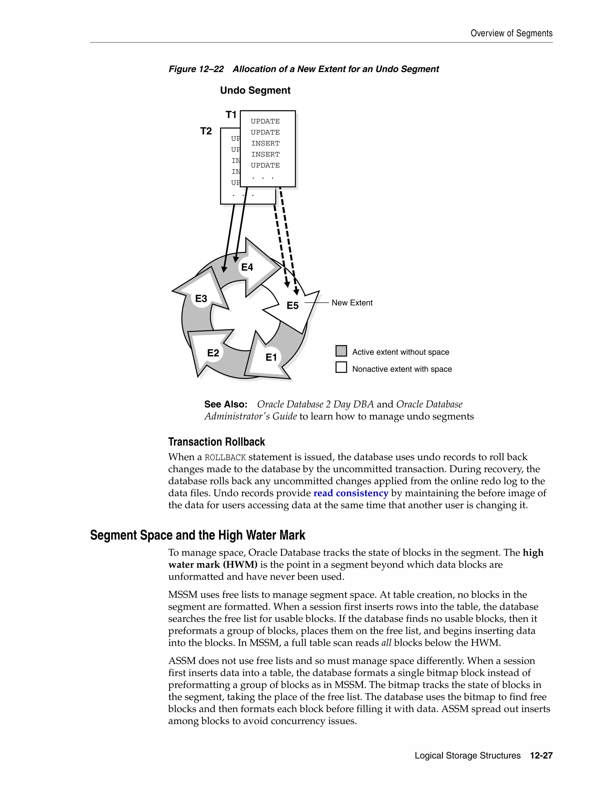 Overview of Segments Logical Storage Structures 12-27 Figure 12–22 Allocation of a New Extent for an Undo Segment Transaction Rollback When a ROLLBACK statement is issued, the database uses undo records to roll back changes made to the database by the uncommitted transaction. During recovery, the database rolls back any uncommitted changes applied from the online redo log to the data files. Undo records provide read consistency by maintaining the before image of the data for users accessing data at the same time that another user is changing it. Segment Space and the High Water Mark To manage space, Oracle Database tracks the state of blocks in the segment. The high water mark (HWM) is the point in a segment beyond which data blocks are unformatted and have never been used. MSSM uses free lists to manage segment space. At table creation, no blocks in the segment are formatted. When a session first inserts rows into the table, the database searches the free list for usable blocks. If the database finds no usable blocks, then it preformats a group of blocks, places them on the free list, and begins inserting data into the blocks. In MSSM, a full table scan reads all blocks below the HWM. ASSM does not use free lists and so must manage space differently. When a session first inserts data into a table, the database formats a single bitmap block instead of preformatting a group of blocks as in MSSM. The bitmap tracks the state of blocks in the segment, taking the place of the free list. The database uses the bitmap to find free blocks and then formats each block before filling it with data. ASSM spread out inserts among blocks to avoid concurrency issues. See Also: Oracle Database 2 Day DBA and Oracle Database Administrator's Guide to learn how to manage undo segments E2 E3 E4 E5 E1 New Extent Active extent without space Nonactive extent with space Undo Segment T1 T2 UPDATE UPDATE INSERT INSERT UPDATE . . . UPDATE UPDATE INSERT INSERT UPDATE . . . 