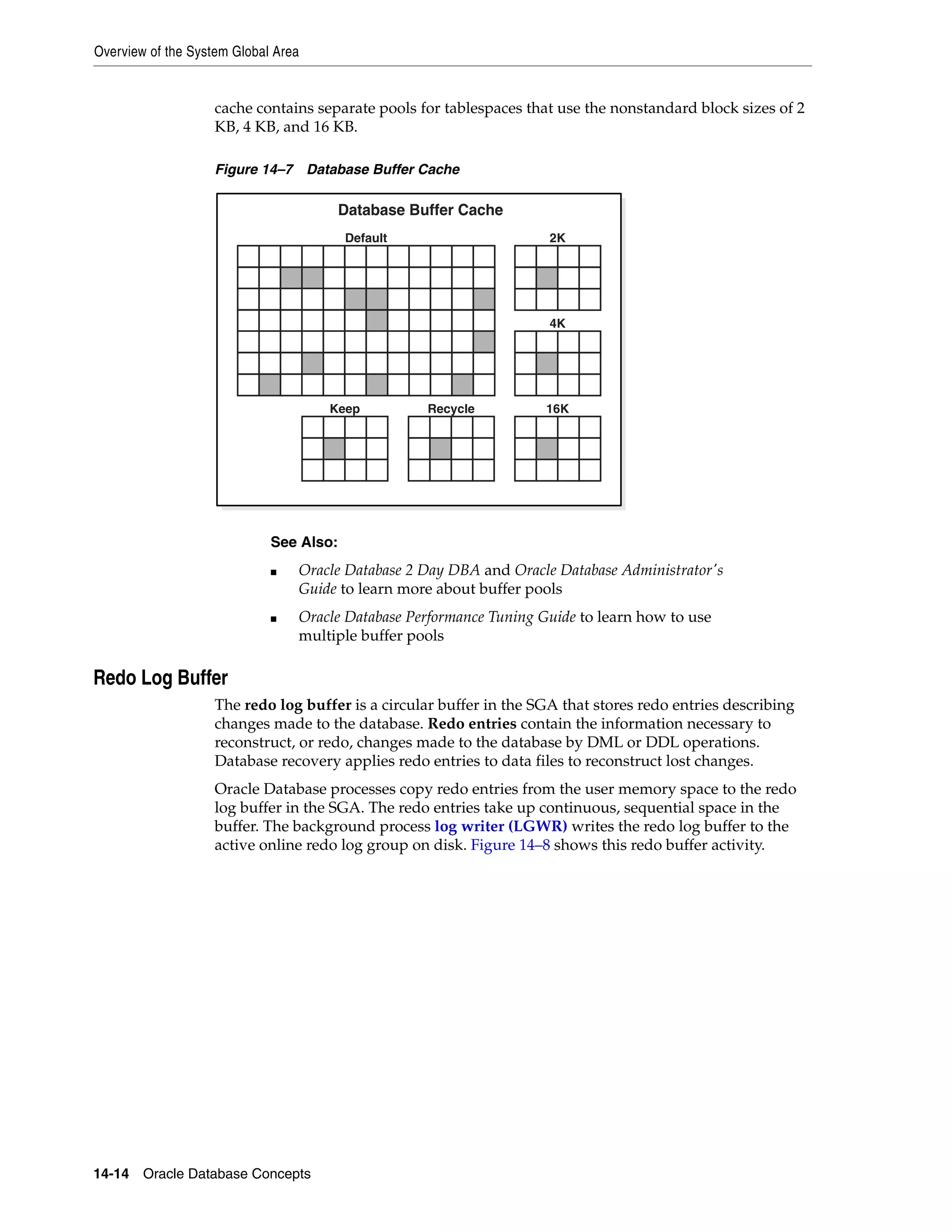Overview of the System Global Area 14-14 Oracle Database Concepts cache contains separate pools for tablespaces that use the nonstandard block sizes of 2 KB, 4 KB, and 16 KB. Figure 14–7 Database Buffer Cache Redo Log Buffer The redo log buffer is a circular buffer in the SGA that stores redo entries describing changes made to the database. Redo entries contain the information necessary to reconstruct, or redo, changes made to the database by DML or DDL operations. Database recovery applies redo entries to data files to reconstruct lost changes. Oracle Database processes copy redo entries from the user memory space to the redo log buffer in the SGA. The redo entries take up continuous, sequential space in the buffer. The background process log writer (LGWR) writes the redo log buffer to the active online redo log group on disk. Figure 14–8 shows this redo buffer activity. See Also: ■ Oracle Database 2 Day DBA and Oracle Database Administrator's Guide to learn more about buffer pools ■ Oracle Database Performance Tuning Guide to learn how to use multiple buffer pools Database Buffer Cache Default 2K 4K 16KRecycleKeep 