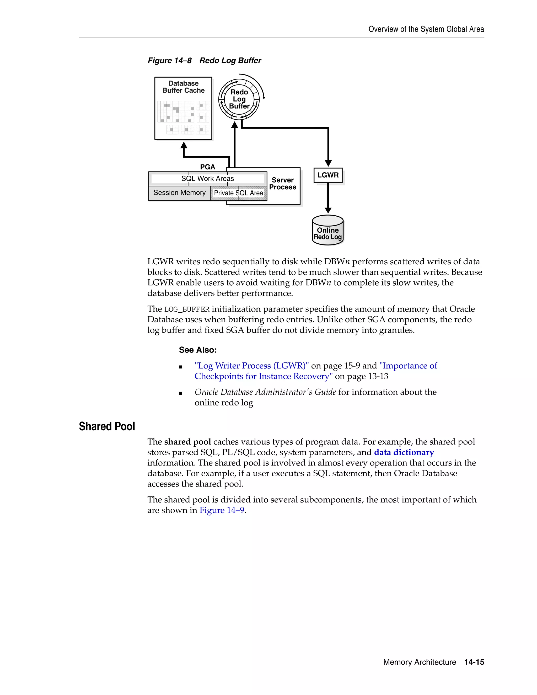 Overview of the System Global Area Memory Architecture 14-15 Figure 14–8 Redo Log Buffer LGWR writes redo sequentially to disk while DBWn performs scattered writes of data blocks to disk. Scattered writes tend to be much slower than sequential writes. Because LGWR enable users to avoid waiting for DBWn to complete its slow writes, the database delivers better performance. The LOG_BUFFER initialization parameter specifies the amount of memory that Oracle Database uses when buffering redo entries. Unlike other SGA components, the redo log buffer and fixed SGA buffer do not divide memory into granules. Shared Pool The shared pool caches various types of program data. For example, the shared pool stores parsed SQL, PL/SQL code, system parameters, and data dictionary information. The shared pool is involved in almost every operation that occurs in the database. For example, if a user executes a SQL statement, then Oracle Database accesses the shared pool. The shared pool is divided into several subcomponents, the most important of which are shown in Figure 14–9. See Also: ■ "Log Writer Process (LGWR)" on page 15-9 and "Importance of Checkpoints for Instance Recovery" on page 13-13 ■ Oracle Database Administrator's Guide for information about the online redo log Database Buffer Cache Redo Log Buffer LGWR Online Redo Log Server Process PGA Session Memory Private SQL Area SQL Work Areas 