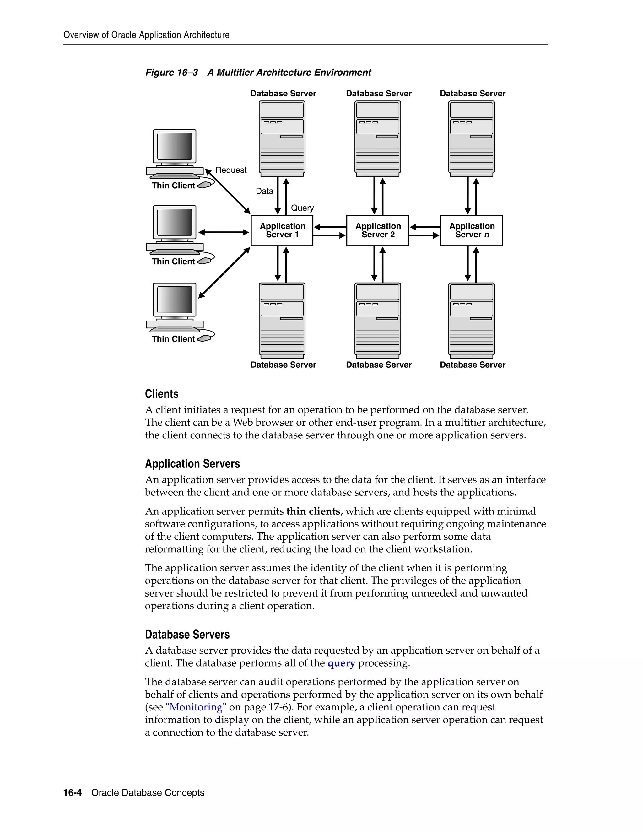 Overview of Oracle Application Architecture 16-4 Oracle Database Concepts Figure 16–3 A Multitier Architecture Environment Clients A client initiates a request for an operation to be performed on the database server. The client can be a Web browser or other end-user program. In a multitier architecture, the client connects to the database server through one or more application servers. Application Servers An application server provides access to the data for the client. It serves as an interface between the client and one or more database servers, and hosts the applications. An application server permits thin clients, which are clients equipped with minimal software configurations, to access applications without requiring ongoing maintenance of the client computers. The application server can also perform some data reformatting for the client, reducing the load on the client workstation. The application server assumes the identity of the client when it is performing operations on the database server for that client. The privileges of the application server should be restricted to prevent it from performing unneeded and unwanted operations during a client operation. Database Servers A database server provides the data requested by an application server on behalf of a client. The database performs all of the query processing. The database server can audit operations performed by the application server on behalf of clients and operations performed by the application server on its own behalf (see "Monitoring" on page 17-6). For example, a client operation can request information to display on the client, while an application server operation can request a connection to the database server. Database Server Database Server Thin Client Thin Client Thin Client Application Server 1 Database Server Database Server Application Server n Database Server Database Server Application Server 2 Request Query Data 