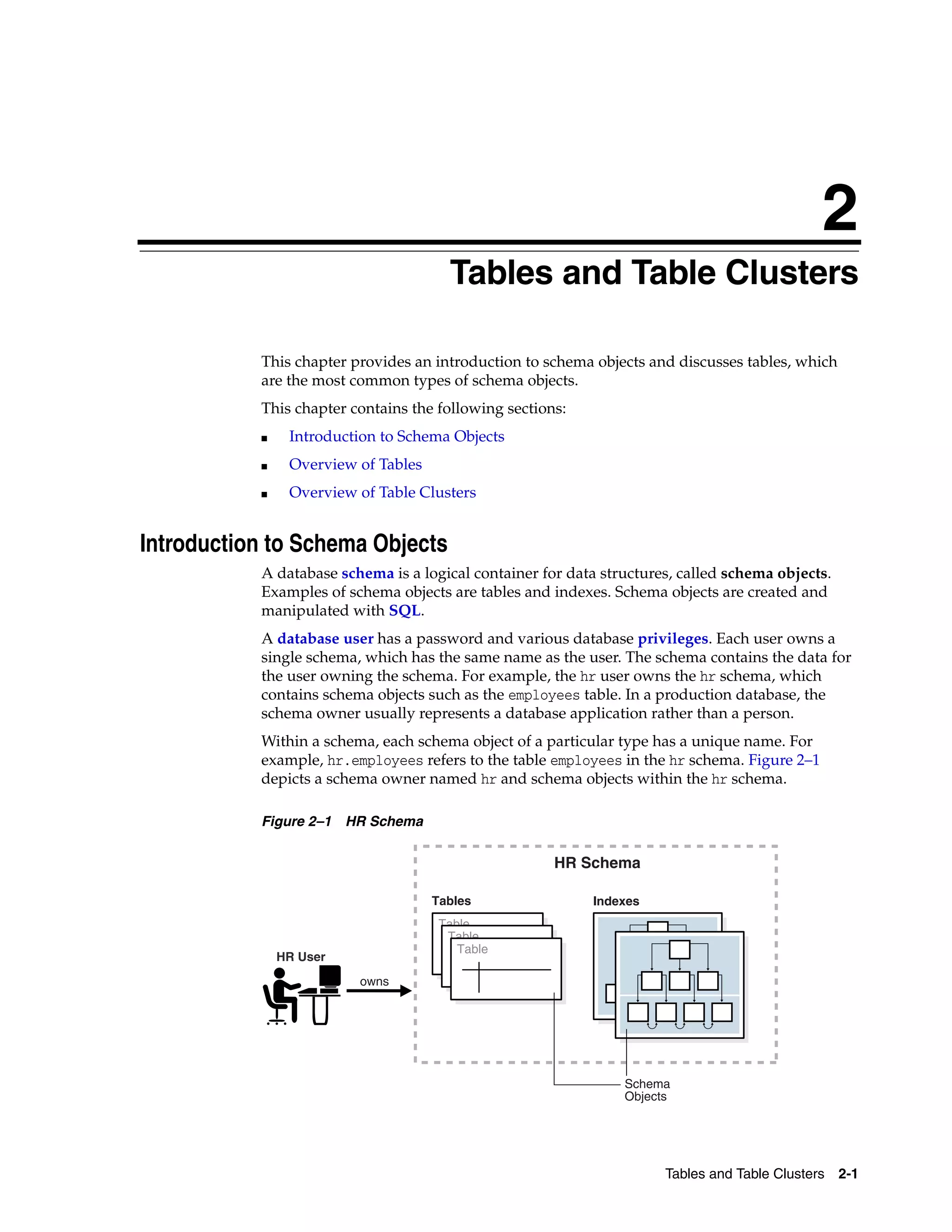 2 Tables and Table Clusters 2-1 2Tables and Table Clusters This chapter provides an introduction to schema objects and discusses tables, which are the most common types of schema objects. This chapter contains the following sections: ■ Introduction to Schema Objects ■ Overview of Tables ■ Overview of Table Clusters Introduction to Schema Objects A database schema is a logical container for data structures, called schema objects. Examples of schema objects are tables and indexes. Schema objects are created and manipulated with SQL. A database user has a password and various database privileges. Each user owns a single schema, which has the same name as the user. The schema contains the data for the user owning the schema. For example, the hr user owns the hr schema, which contains schema objects such as the employees table. In a production database, the schema owner usually represents a database application rather than a person. Within a schema, each schema object of a particular type has a unique name. For example, hr.employees refers to the table employees in the hr schema. Figure 2–1 depicts a schema owner named hr and schema objects within the hr schema. Figure 2–1 HR Schema HR User HR Schema Schema Objects owns Table Indexes Table Table Tables 