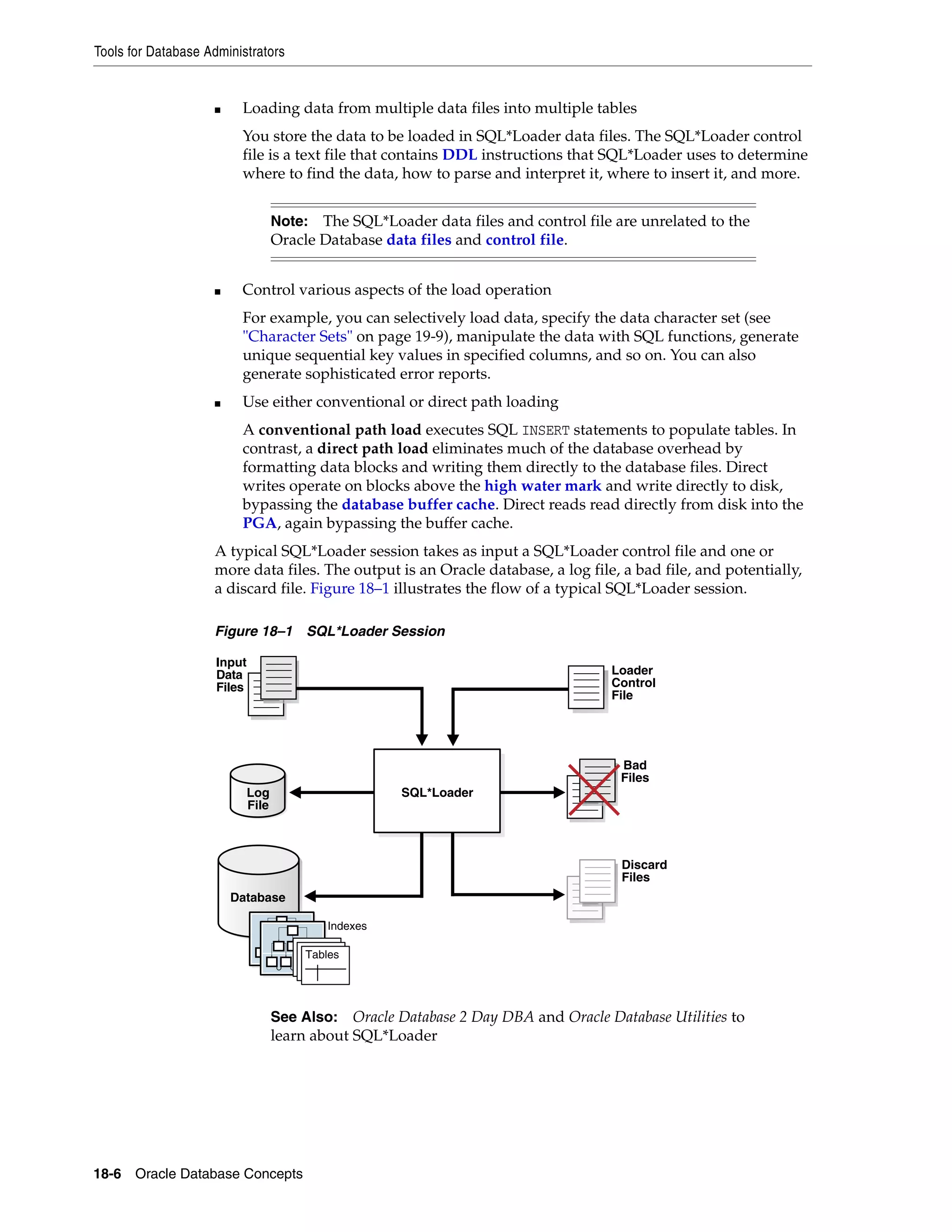 Tools for Database Administrators 18-6 Oracle Database Concepts ■ Loading data from multiple data files into multiple tables You store the data to be loaded in SQL*Loader data files. The SQL*Loader control file is a text file that contains DDL instructions that SQL*Loader uses to determine where to find the data, how to parse and interpret it, where to insert it, and more. ■ Control various aspects of the load operation For example, you can selectively load data, specify the data character set (see "Character Sets" on page 19-9), manipulate the data with SQL functions, generate unique sequential key values in specified columns, and so on. You can also generate sophisticated error reports. ■ Use either conventional or direct path loading A conventional path load executes SQL INSERT statements to populate tables. In contrast, a direct path load eliminates much of the database overhead by formatting data blocks and writing them directly to the database files. Direct writes operate on blocks above the high water mark and write directly to disk, bypassing the database buffer cache. Direct reads read directly from disk into the PGA, again bypassing the buffer cache. A typical SQL*Loader session takes as input a SQL*Loader control file and one or more data files. The output is an Oracle database, a log file, a bad file, and potentially, a discard file. Figure 18–1 illustrates the flow of a typical SQL*Loader session. Figure 18–1 SQL*Loader Session Note: The SQL*Loader data files and control file are unrelated to the Oracle Database data files and control file. See Also: Oracle Database 2 Day DBA and Oracle Database Utilities to learn about SQL*Loader Database Indexes Loader Control File Bad Files Discard Files Input Data Files TableTableTables Log File SQL*Loader 