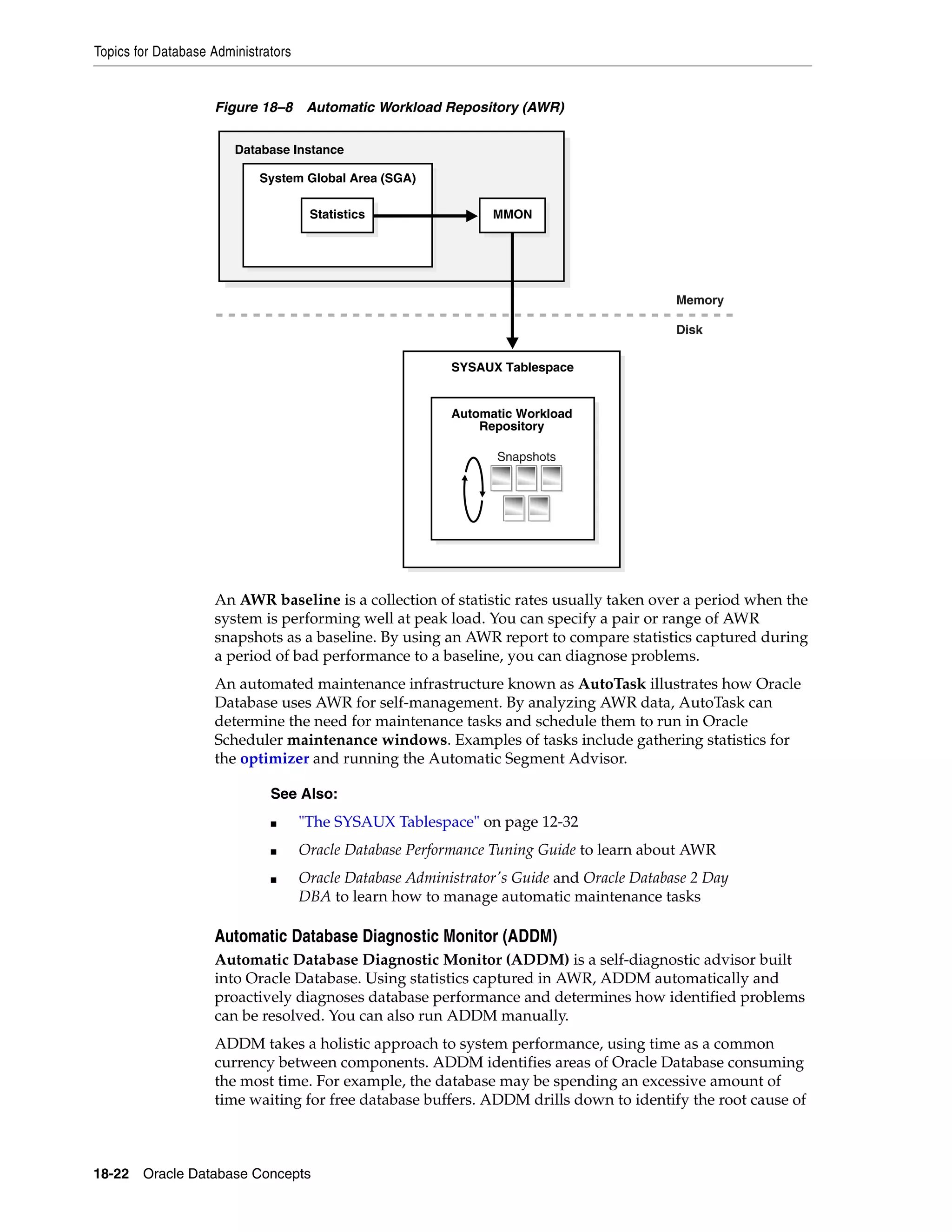 Topics for Database Administrators 18-22 Oracle Database Concepts Figure 18–8 Automatic Workload Repository (AWR) An AWR baseline is a collection of statistic rates usually taken over a period when the system is performing well at peak load. You can specify a pair or range of AWR snapshots as a baseline. By using an AWR report to compare statistics captured during a period of bad performance to a baseline, you can diagnose problems. An automated maintenance infrastructure known as AutoTask illustrates how Oracle Database uses AWR for self-management. By analyzing AWR data, AutoTask can determine the need for maintenance tasks and schedule them to run in Oracle Scheduler maintenance windows. Examples of tasks include gathering statistics for the optimizer and running the Automatic Segment Advisor. Automatic Database Diagnostic Monitor (ADDM) Automatic Database Diagnostic Monitor (ADDM) is a self-diagnostic advisor built into Oracle Database. Using statistics captured in AWR, ADDM automatically and proactively diagnoses database performance and determines how identified problems can be resolved. You can also run ADDM manually. ADDM takes a holistic approach to system performance, using time as a common currency between components. ADDM identifies areas of Oracle Database consuming the most time. For example, the database may be spending an excessive amount of time waiting for free database buffers. ADDM drills down to identify the root cause of See Also: ■ "The SYSAUX Tablespace" on page 12-32 ■ Oracle Database Performance Tuning Guide to learn about AWR ■ Oracle Database Administrator's Guide and Oracle Database 2 Day DBA to learn how to manage automatic maintenance tasks Database Instance System Global Area (SGA) Statistics MMON SYSAUX Tablespace Automatic Workload Repository Snapshots Memory Disk 