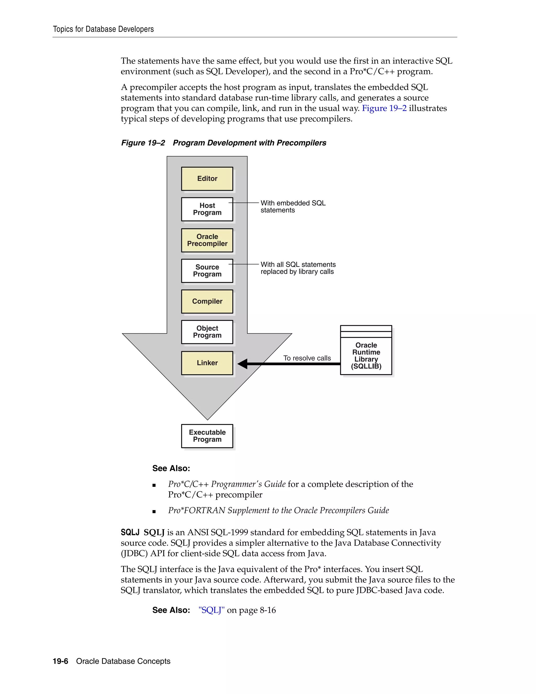 Topics for Database Developers 19-6 Oracle Database Concepts The statements have the same effect, but you would use the first in an interactive SQL environment (such as SQL Developer), and the second in a Pro*C/C++ program. A precompiler accepts the host program as input, translates the embedded SQL statements into standard database run-time library calls, and generates a source program that you can compile, link, and run in the usual way. Figure 19–2 illustrates typical steps of developing programs that use precompilers. Figure 19–2 Program Development with Precompilers SQLJ SQLJ is an ANSI SQL-1999 standard for embedding SQL statements in Java source code. SQLJ provides a simpler alternative to the Java Database Connectivity (JDBC) API for client-side SQL data access from Java. The SQLJ interface is the Java equivalent of the Pro* interfaces. You insert SQL statements in your Java source code. Afterward, you submit the Java source files to the SQLJ translator, which translates the embedded SQL to pure JDBC-based Java code. See Also: ■ Pro*C/C++ Programmer's Guide for a complete description of the Pro*C/C++ precompiler ■ Pro*FORTRAN Supplement to the Oracle Precompilers Guide See Also: "SQLJ" on page 8-16 Editor Host Program Oracle Precompiler Compiler Object Program Executable Program Linker Source Program With embedded SQL statements With all SQL statements replaced by library calls Oracle Runtime Library (SQLLIB) To resolve calls 