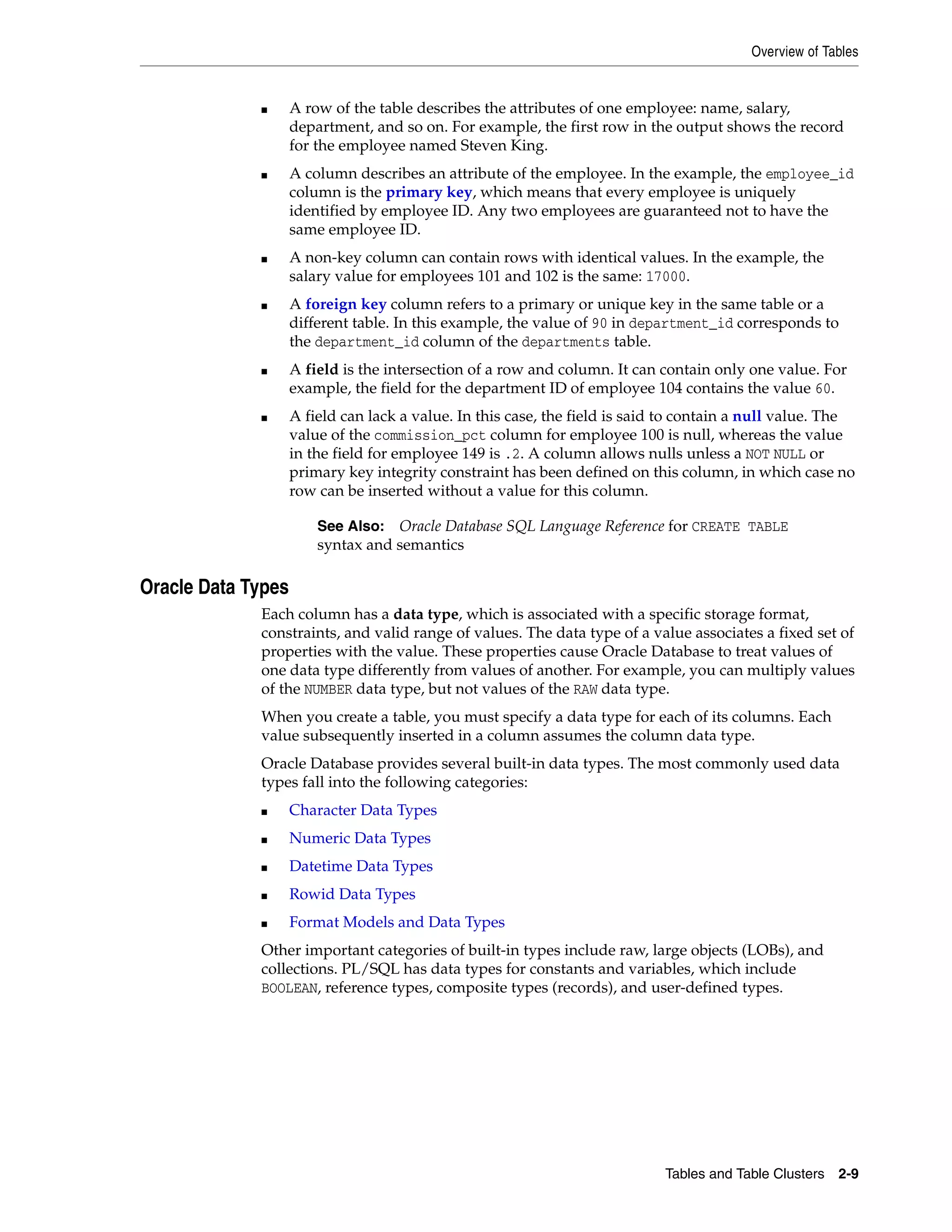 Overview of Tables Tables and Table Clusters 2-9 ■ A row of the table describes the attributes of one employee: name, salary, department, and so on. For example, the first row in the output shows the record for the employee named Steven King. ■ A column describes an attribute of the employee. In the example, the employee_id column is the primary key, which means that every employee is uniquely identified by employee ID. Any two employees are guaranteed not to have the same employee ID. ■ A non-key column can contain rows with identical values. In the example, the salary value for employees 101 and 102 is the same: 17000. ■ A foreign key column refers to a primary or unique key in the same table or a different table. In this example, the value of 90 in department_id corresponds to the department_id column of the departments table. ■ A field is the intersection of a row and column. It can contain only one value. For example, the field for the department ID of employee 104 contains the value 60. ■ A field can lack a value. In this case, the field is said to contain a null value. The value of the commission_pct column for employee 100 is null, whereas the value in the field for employee 149 is .2. A column allows nulls unless a NOT NULL or primary key integrity constraint has been defined on this column, in which case no row can be inserted without a value for this column. Oracle Data Types Each column has a data type, which is associated with a specific storage format, constraints, and valid range of values. The data type of a value associates a fixed set of properties with the value. These properties cause Oracle Database to treat values of one data type differently from values of another. For example, you can multiply values of the NUMBER data type, but not values of the RAW data type. When you create a table, you must specify a data type for each of its columns. Each value subsequently inserted in a column assumes the column data type. Oracle Database provides several built-in data types. The most commonly used data types fall into the following categories: ■ Character Data Types ■ Numeric Data Types ■ Datetime Data Types ■ Rowid Data Types ■ Format Models and Data Types Other important categories of built-in types include raw, large objects (LOBs), and collections. PL/SQL has data types for constants and variables, which include BOOLEAN, reference types, composite types (records), and user-defined types. See Also: Oracle Database SQL Language Reference for CREATE TABLE syntax and semantics 