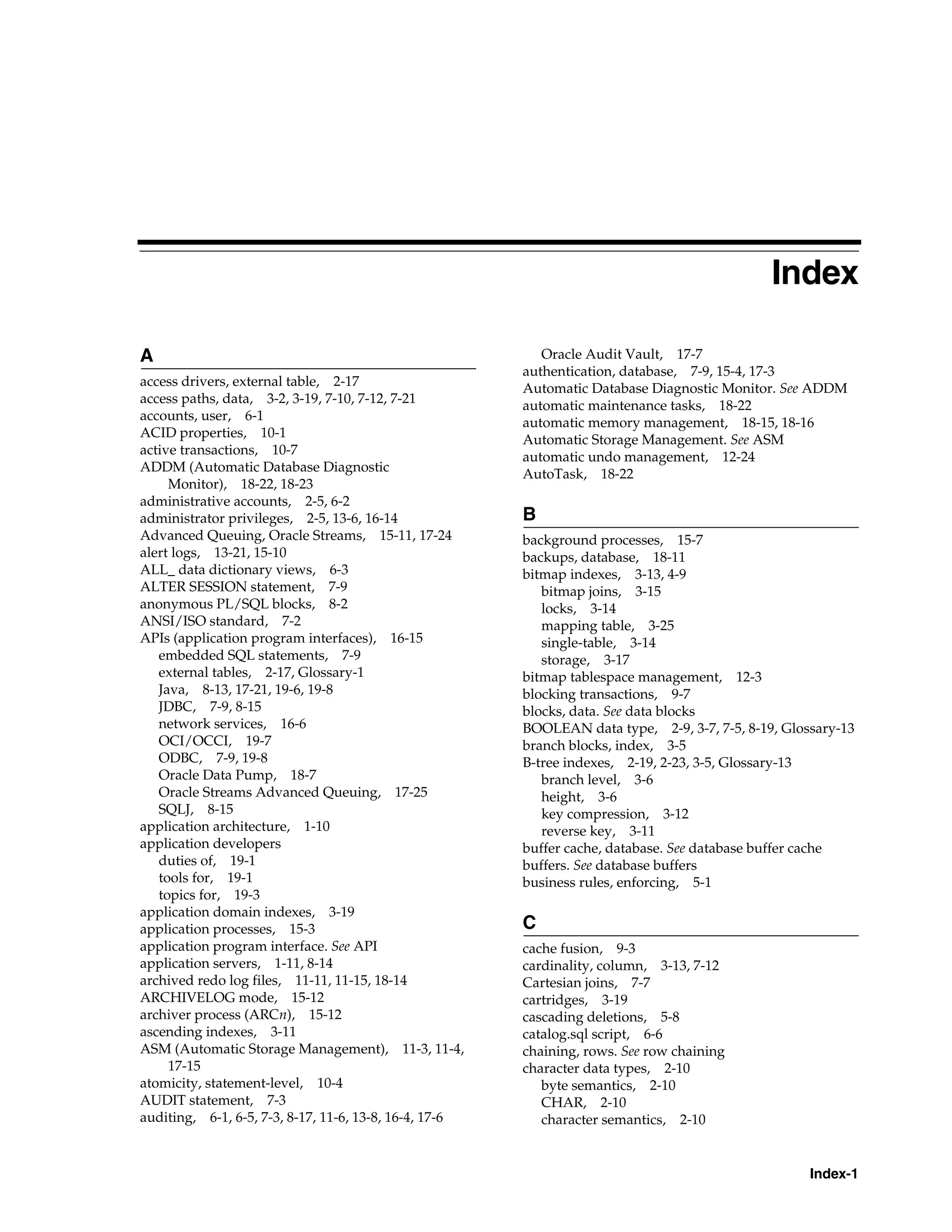 Index-1 Index A access drivers, external table, 2-17 access paths, data, 3-2, 3-19, 7-10, 7-12, 7-21 accounts, user, 6-1 ACID properties, 10-1 active transactions, 10-7 ADDM (Automatic Database Diagnostic Monitor), 18-22, 18-23 administrative accounts, 2-5, 6-2 administrator privileges, 2-5, 13-6, 16-14 Advanced Queuing, Oracle Streams, 15-11, 17-24 alert logs, 13-21, 15-10 ALL_ data dictionary views, 6-3 ALTER SESSION statement, 7-9 anonymous PL/SQL blocks, 8-2 ANSI/ISO standard, 7-2 APIs (application program interfaces), 16-15 embedded SQL statements, 7-9 external tables, 2-17, Glossary-1 Java, 8-13, 17-21, 19-6, 19-8 JDBC, 7-9, 8-15 network services, 16-6 OCI/OCCI, 19-7 ODBC, 7-9, 19-8 Oracle Data Pump, 18-7 Oracle Streams Advanced Queuing, 17-25 SQLJ, 8-15 application architecture, 1-10 application developers duties of, 19-1 tools for, 19-1 topics for, 19-3 application domain indexes, 3-19 application processes, 15-3 application program interface. See API application servers, 1-11, 8-14 archived redo log files, 11-11, 11-15, 18-14 ARCHIVELOG mode, 15-12 archiver process (ARCn), 15-12 ascending indexes, 3-11 ASM (Automatic Storage Management), 11-3, 11-4, 17-15 atomicity, statement-level, 10-4 AUDIT statement, 7-3 auditing, 6-1, 6-5, 7-3, 8-17, 11-6, 13-8, 16-4, 17-6 Oracle Audit Vault, 17-7 authentication, database, 7-9, 15-4, 17-3 Automatic Database Diagnostic Monitor. See ADDM automatic maintenance tasks, 18-22 automatic memory management, 18-15, 18-16 Automatic Storage Management. See ASM automatic undo management, 12-24 AutoTask, 18-22 B background processes, 15-7 backups, database, 18-11 bitmap indexes, 3-13, 4-9 bitmap joins, 3-15 locks, 3-14 mapping table, 3-25 single-table, 3-14 storage, 3-17 bitmap tablespace management, 12-3 blocking transactions, 9-7 blocks, data. See data blocks BOOLEAN data type, 2-9, 3-7, 7-5, 8-19, Glossary-13 branch blocks, index, 3-5 B-tree indexes, 2-19, 2-23, 3-5, Glossary-13 branch level, 3-6 height, 3-6 key compression, 3-12 reverse key, 3-11 buffer cache, database. See database buffer cache buffers. See database buffers business rules, enforcing, 5-1 C cache fusion, 9-3 cardinality, column, 3-13, 7-12 Cartesian joins, 7-7 cartridges, 3-19 cascading deletions, 5-8 catalog.sql script, 6-6 chaining, rows. See row chaining character data types, 2-10 byte semantics, 2-10 CHAR, 2-10 character semantics, 2-10 