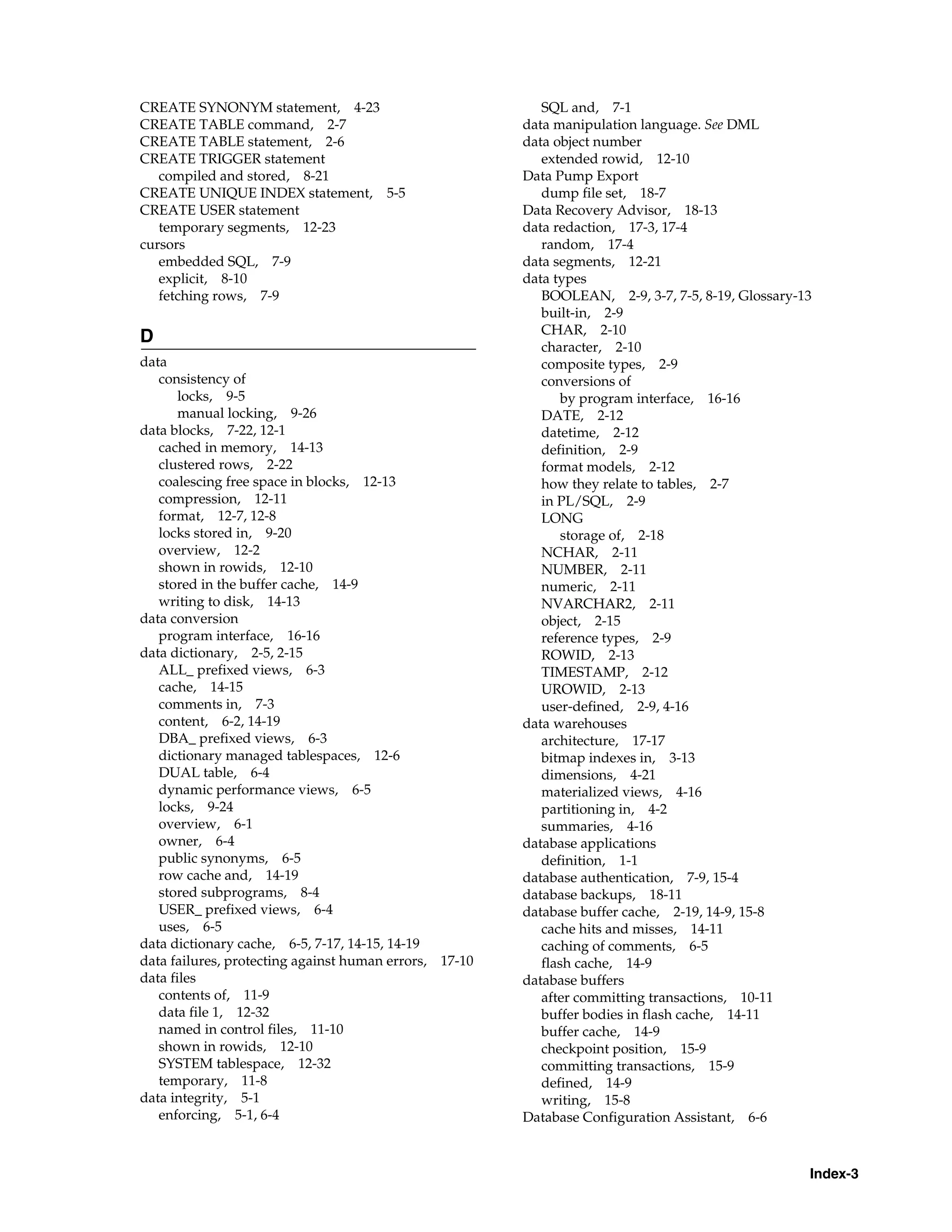 Index-3 CREATE SYNONYM statement, 4-23 CREATE TABLE command, 2-7 CREATE TABLE statement, 2-6 CREATE TRIGGER statement compiled and stored, 8-21 CREATE UNIQUE INDEX statement, 5-5 CREATE USER statement temporary segments, 12-23 cursors embedded SQL, 7-9 explicit, 8-10 fetching rows, 7-9 D data consistency of locks, 9-5 manual locking, 9-26 data blocks, 7-22, 12-1 cached in memory, 14-13 clustered rows, 2-22 coalescing free space in blocks, 12-13 compression, 12-11 format, 12-7, 12-8 locks stored in, 9-20 overview, 12-2 shown in rowids, 12-10 stored in the buffer cache, 14-9 writing to disk, 14-13 data conversion program interface, 16-16 data dictionary, 2-5, 2-15 ALL_ prefixed views, 6-3 cache, 14-15 comments in, 7-3 content, 6-2, 14-19 DBA_ prefixed views, 6-3 dictionary managed tablespaces, 12-6 DUAL table, 6-4 dynamic performance views, 6-5 locks, 9-24 overview, 6-1 owner, 6-4 public synonyms, 6-5 row cache and, 14-19 stored subprograms, 8-4 USER_ prefixed views, 6-4 uses, 6-5 data dictionary cache, 6-5, 7-17, 14-15, 14-19 data failures, protecting against human errors, 17-10 data files contents of, 11-9 data file 1, 12-32 named in control files, 11-10 shown in rowids, 12-10 SYSTEM tablespace, 12-32 temporary, 11-8 data integrity, 5-1 enforcing, 5-1, 6-4 SQL and, 7-1 data manipulation language. See DML data object number extended rowid, 12-10 Data Pump Export dump file set, 18-7 Data Recovery Advisor, 18-13 data redaction, 17-3, 17-4 random, 17-4 data segments, 12-21 data types BOOLEAN, 2-9, 3-7, 7-5, 8-19, Glossary-13 built-in, 2-9 CHAR, 2-10 character, 2-10 composite types, 2-9 conversions of by program interface, 16-16 DATE, 2-12 datetime, 2-12 definition, 2-9 format models, 2-12 how they relate to tables, 2-7 in PL/SQL, 2-9 LONG storage of, 2-18 NCHAR, 2-11 NUMBER, 2-11 numeric, 2-11 NVARCHAR2, 2-11 object, 2-15 reference types, 2-9 ROWID, 2-13 TIMESTAMP, 2-12 UROWID, 2-13 user-defined, 2-9, 4-16 data warehouses architecture, 17-17 bitmap indexes in, 3-13 dimensions, 4-21 materialized views, 4-16 partitioning in, 4-2 summaries, 4-16 database applications definition, 1-1 database authentication, 7-9, 15-4 database backups, 18-11 database buffer cache, 2-19, 14-9, 15-8 cache hits and misses, 14-11 caching of comments, 6-5 flash cache, 14-9 database buffers after committing transactions, 10-11 buffer bodies in flash cache, 14-11 buffer cache, 14-9 checkpoint position, 15-9 committing transactions, 15-9 defined, 14-9 writing, 15-8 Database Configuration Assistant, 6-6 