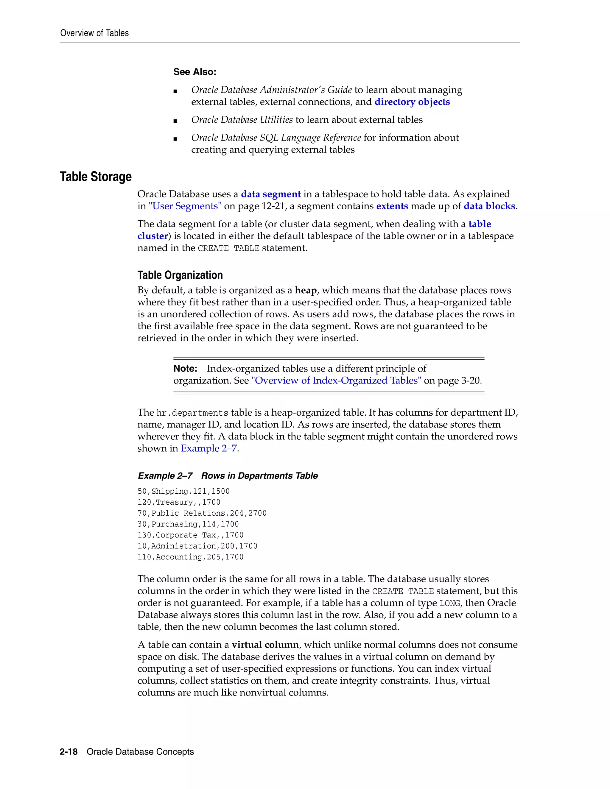Overview of Tables 2-18 Oracle Database Concepts Table Storage Oracle Database uses a data segment in a tablespace to hold table data. As explained in "User Segments" on page 12-21, a segment contains extents made up of data blocks. The data segment for a table (or cluster data segment, when dealing with a table cluster) is located in either the default tablespace of the table owner or in a tablespace named in the CREATE TABLE statement. Table Organization By default, a table is organized as a heap, which means that the database places rows where they fit best rather than in a user-specified order. Thus, a heap-organized table is an unordered collection of rows. As users add rows, the database places the rows in the first available free space in the data segment. Rows are not guaranteed to be retrieved in the order in which they were inserted. The hr.departments table is a heap-organized table. It has columns for department ID, name, manager ID, and location ID. As rows are inserted, the database stores them wherever they fit. A data block in the table segment might contain the unordered rows shown in Example 2–7. Example 2–7 Rows in Departments Table 50,Shipping,121,1500 120,Treasury,,1700 70,Public Relations,204,2700 30,Purchasing,114,1700 130,Corporate Tax,,1700 10,Administration,200,1700 110,Accounting,205,1700 The column order is the same for all rows in a table. The database usually stores columns in the order in which they were listed in the CREATE TABLE statement, but this order is not guaranteed. For example, if a table has a column of type LONG, then Oracle Database always stores this column last in the row. Also, if you add a new column to a table, then the new column becomes the last column stored. A table can contain a virtual column, which unlike normal columns does not consume space on disk. The database derives the values in a virtual column on demand by computing a set of user-specified expressions or functions. You can index virtual columns, collect statistics on them, and create integrity constraints. Thus, virtual columns are much like nonvirtual columns. See Also: ■ Oracle Database Administrator's Guide to learn about managing external tables, external connections, and directory objects ■ Oracle Database Utilities to learn about external tables ■ Oracle Database SQL Language Reference for information about creating and querying external tables Note: Index-organized tables use a different principle of organization. See "Overview of Index-Organized Tables" on page 3-20. 