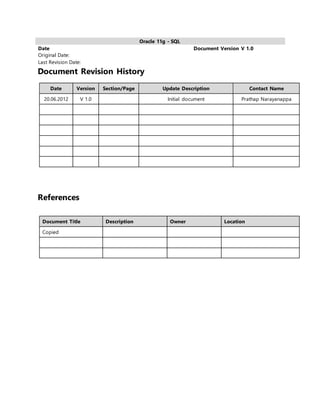 Oracle 11g - SQL
Date Document Version V 1.0
Original Date:
Last Revision Date:
Document Revision History
Date Version Section/Page Update Description Contact Name
20.06.2012 V 1.0 Initial document Prathap Narayanappa
References
Document Title Description Owner Location
Copied
 