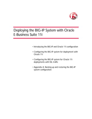 Deploying the BIG-IP System with Oracle
E-Business Suite 11i


            • Introducing the BIG-IP and Oracle 11i configuration

            • Configuring the BIG-IP system for deployment with
              Oracle 11i

            • Configuring the BIG-IP system for Oracle 11i
              deployments with SSL traffic

            • Appendix A: Backing up and restoring the BIG-IP
              system configuration
 