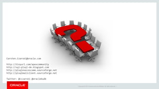 Copyright © 2014 Oracle and/or its affiliates. All rights reserved. | 
Carsten.Czarski@oracle.com 
http://tinyurl.com/apexcommunity 
http://sql-plsql-de.blogspot.com 
http://plsqlexecoscomm.sourceforge.net http://plsqlmailclient.sourceforge.net Twitter: @cczarski @oraclebudb 