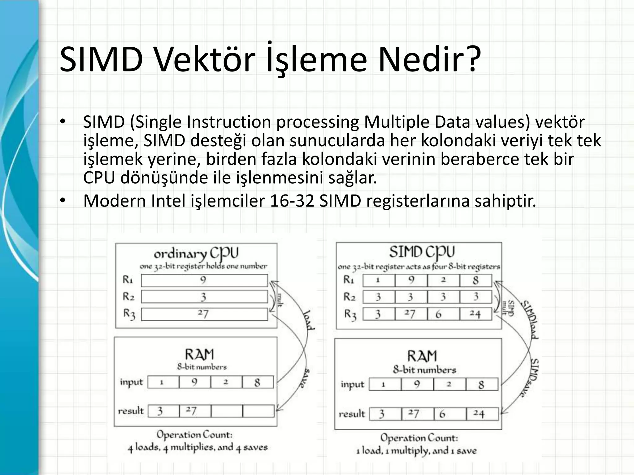 SIMD Vektör İşleme Nedir?
• SIMD (Single Instruction processing Multiple Data values) vektör
işleme, SIMD desteği olan sunucularda her kolondaki veriyi tek tek
işlemek yerine, birden fazla kolondaki verinin beraberce tek bir
CPU dönüşünde ile işlenmesini sağlar.
• Modern Intel işlemciler 16-32 SIMD registerlarına sahiptir.
 