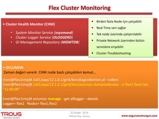 Flex Cluster Monitoring
www.ozgurumutvurgun.com
23 Aralık 2014
TROUG Day Ankara
• Cluster Health Monitor (CHM)
• System Monitor Service (osysmond)
• Cluster Logger Service (OLOGGERD)
• GI Management Repository (MGMTDB)
• OCLUMON
Zaman değeri vererk CHM node bazlı çalışabilen komut...
[root@flex1tmp]# /u01/app/12.1.0.1/grid/bin/diagcollection.pl –collect
[root@flex1tmp]# /u01/app/12.1.0.1/grid/bin/oclumon dumpnodeview -‐n flex1 flex2 last
"12:00:00”
[root@flex1tmp]# oclumon manage -‐get alllogger -‐details
Logger= flex1 Nodes= flex1,flex2
 Birden fazla Node için çalışabilir
 Real Time veri sağlar
 Tek node üzerinde çalıştırılabilir
 Private Network üzerinden bütün
servislere erişebilir
 Cluster Troubleshooting
 