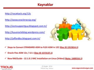 Kaynaklar
www.ozgurumutvurgun.com
23 Aralık 2014
TROUG Day Ankara
 Steps to Convert STANDARD ASM to FLEX ASM in 12C (Doc ID 1915814.1)
 Oracle Flex ASM 12c / 12.1 (Doc ID 1573137.1)
 New RACGuide - 12.1.0.1 RAC Installation on Linux [Video] (Note: 1600316.1)
http://racattack.org/12c
http://www.oracleracsig.org/
http://asmsupportguy.blogspot.com.tr/
http://kyuoracleblog.wordpress.com/
http://jaffardba.blogspot.com.tr/
 