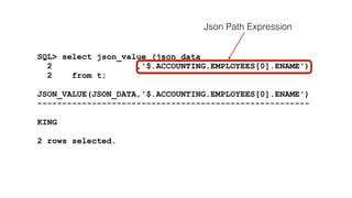SQL> select json_value (json_data 
Json Path Expression 
2 ,'$.ACCOUNTING.EMPLOYEES[0].ENAME') 
2 from t; 
! 
JSON_VALUE(JSON_DATA,'$.ACCOUNTING.EMPLOYEES[0].ENAME') 
------------------------------------------------------- 
! 
KING 
! 
2 rows selected. 
 