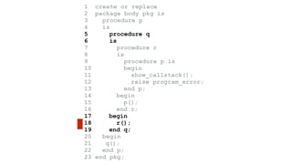 1 create or replace 
2 package body pkg is 
3 procedure p 
4 is 
5 procedure q 
6 is 
7 procedure r 
8 is 
9 procedure p is 
10 begin 
11 show_callstack(); 
12 raise program_error; 
13 end p; 
14 begin 
15 p(); 
16 end r; 
17 begin 
18 r(); 
19 end q; 
20 begin 
21 q(); 
22 end p; 
23 end pkg; 
 