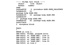 ----- PL/SQL Call Stack ----- 
object line object 
handle number 
name 
0x9faa8f18 4 procedure ALEX.SHOW_CALLSTACK 
0x9dbd2c00 10 
package body ALEX.PKG 
0x9dbd2c00 14 package body ALEX.PKG 
0x9dbd2c00 
17 package body ALEX.PKG 
0x9dbd2c00 20 package body ALEX.PKG 
0x9fc73e18 
2 anonymous block 
! 
begin 
* 
ERROR at line 1: 
ORA-06501: PL/SQL: program error 
ORA-06512: at "ALEX.PKG", line 11 
ORA-06512: at "ALEX.PKG", line 14 
ORA-06512: at "ALEX.PKG", line 17 
ORA-06512: at "ALEX.PKG", line 20 
ORA-06512: at line 2 
 